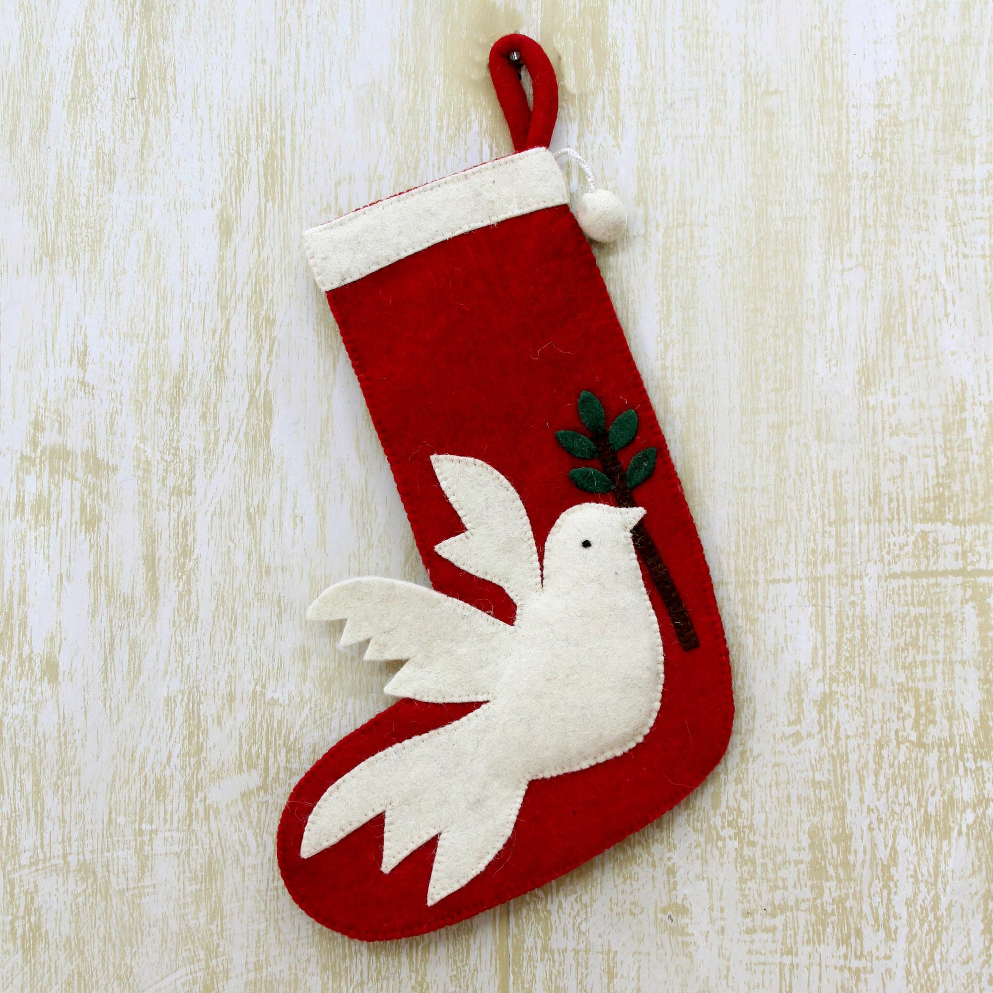 Premium Peace Dove Holiday Stocking - Handcrafted Red Wool with Dove Motif