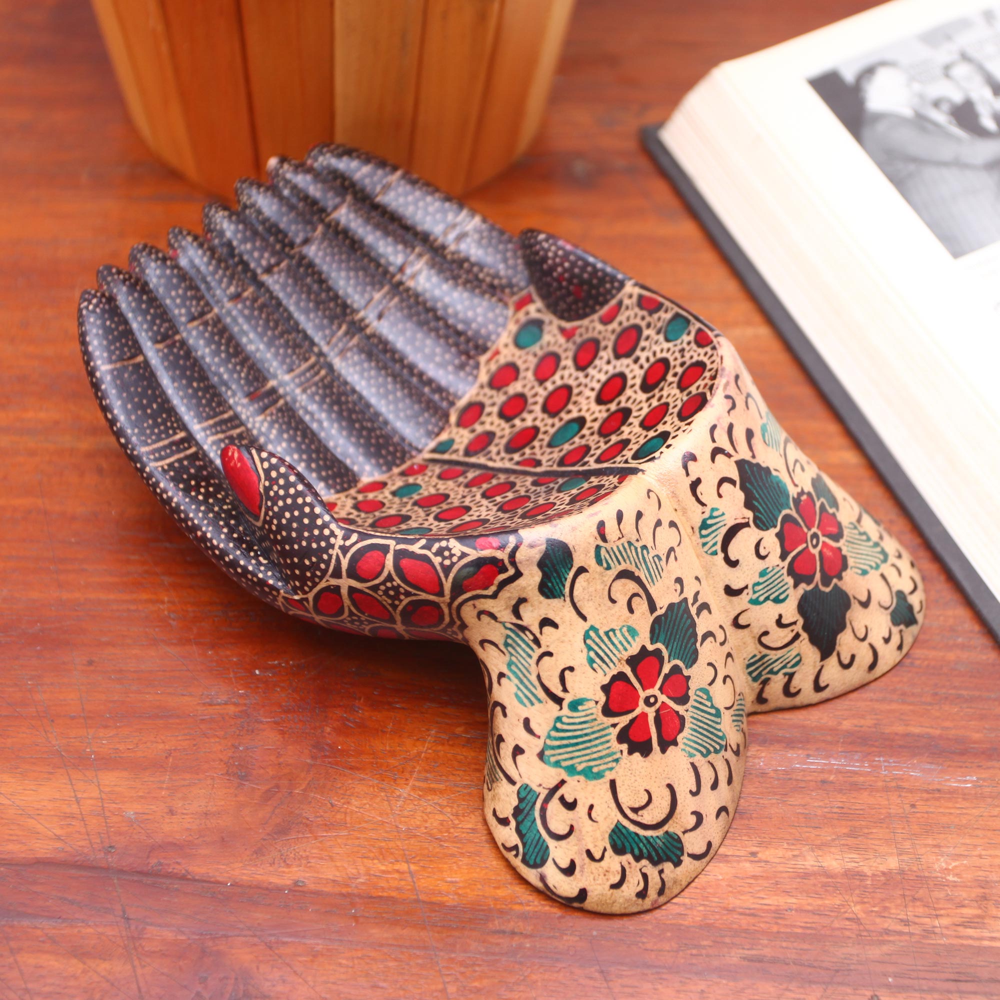 Premium Hand-Painted Batik Wood Catchall from Java - Unique Home Decor