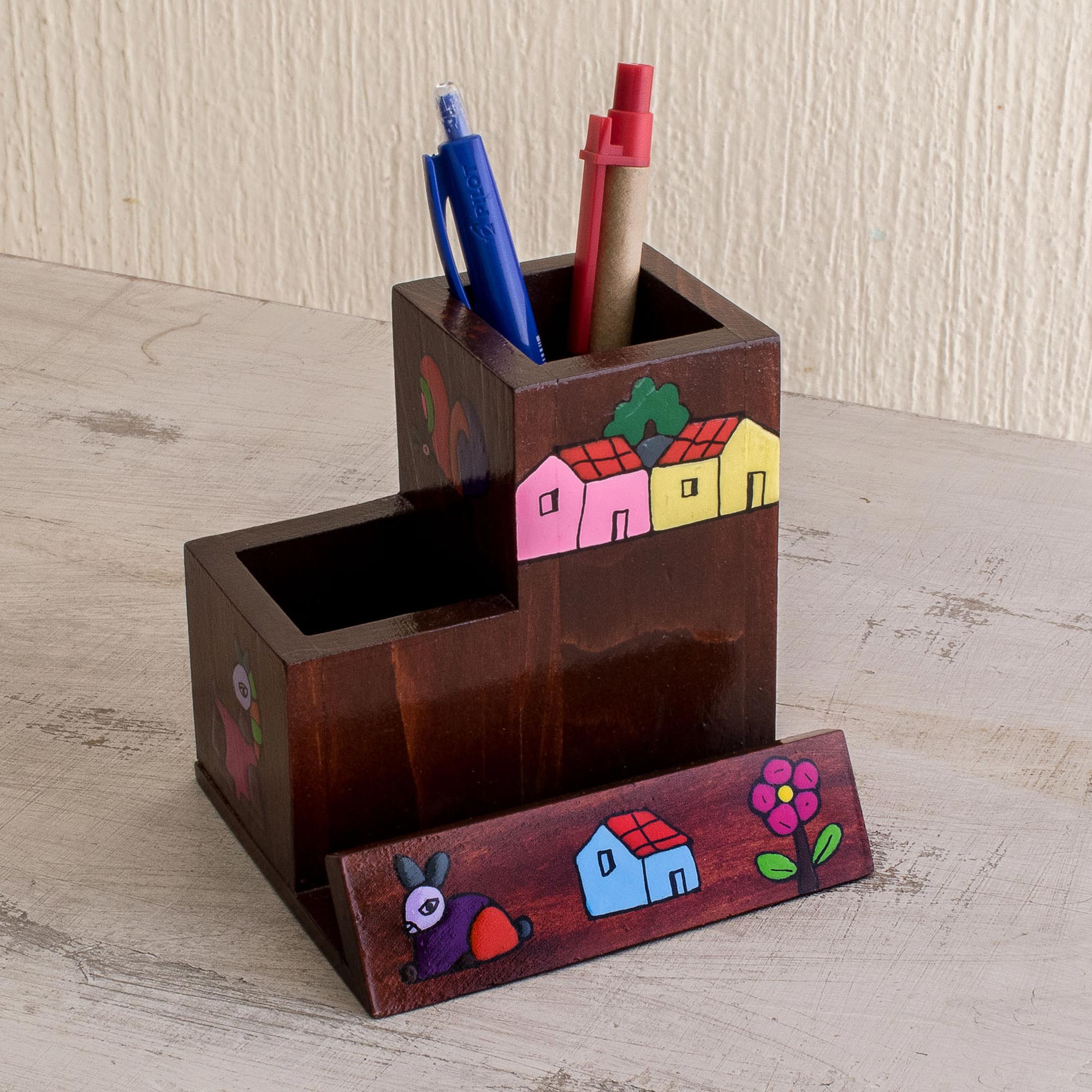 Premium Hand-Painted Pine Desk Organizer - El Salvador Artisan Craft