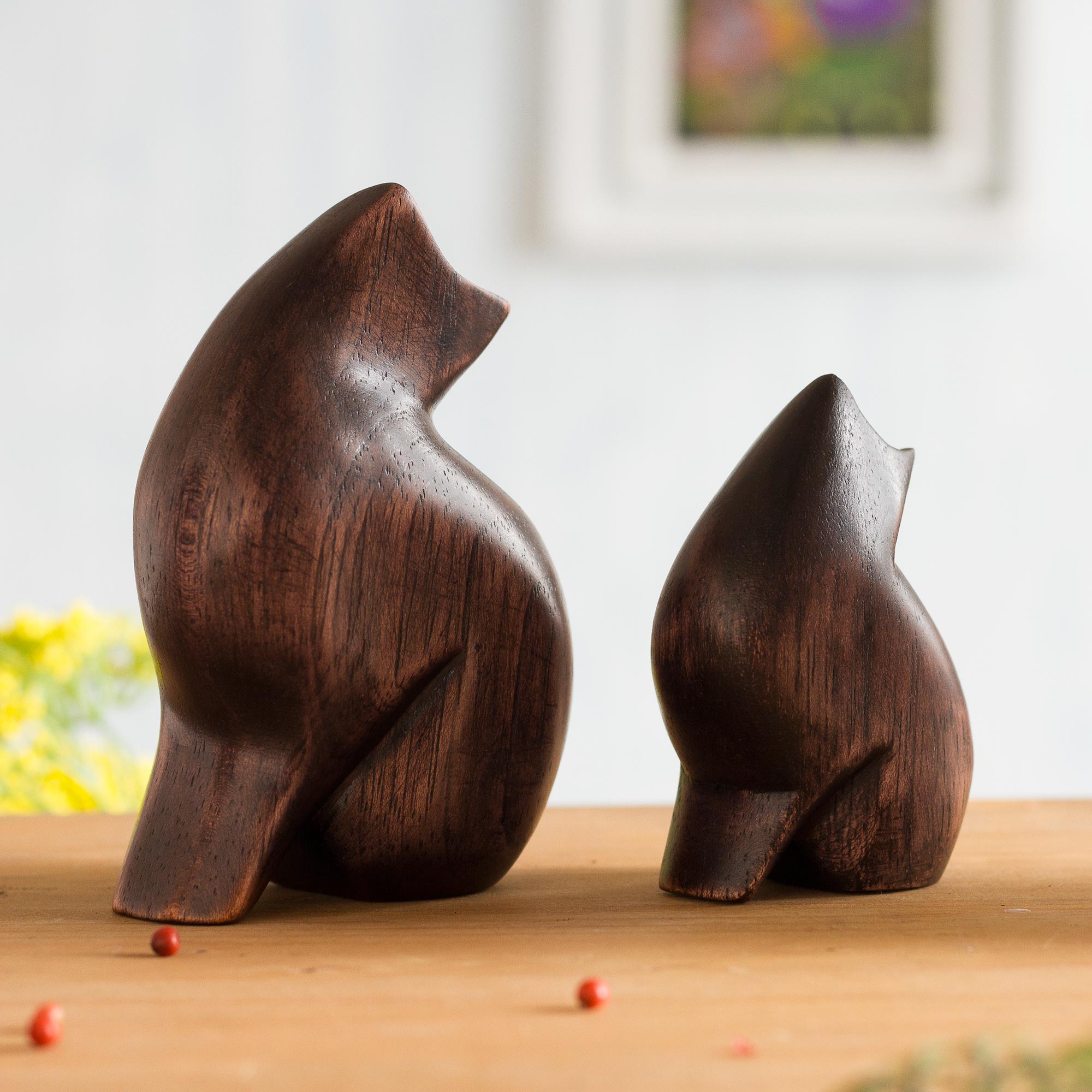 Premium Hand-Carved Cedar Wood Mother Cat Figurines from Peru (Pair)