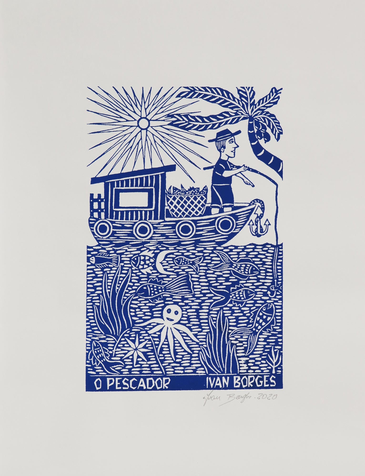 Premium Brazilian Woodcut Print: The Fisherman and Boat in Blue & White