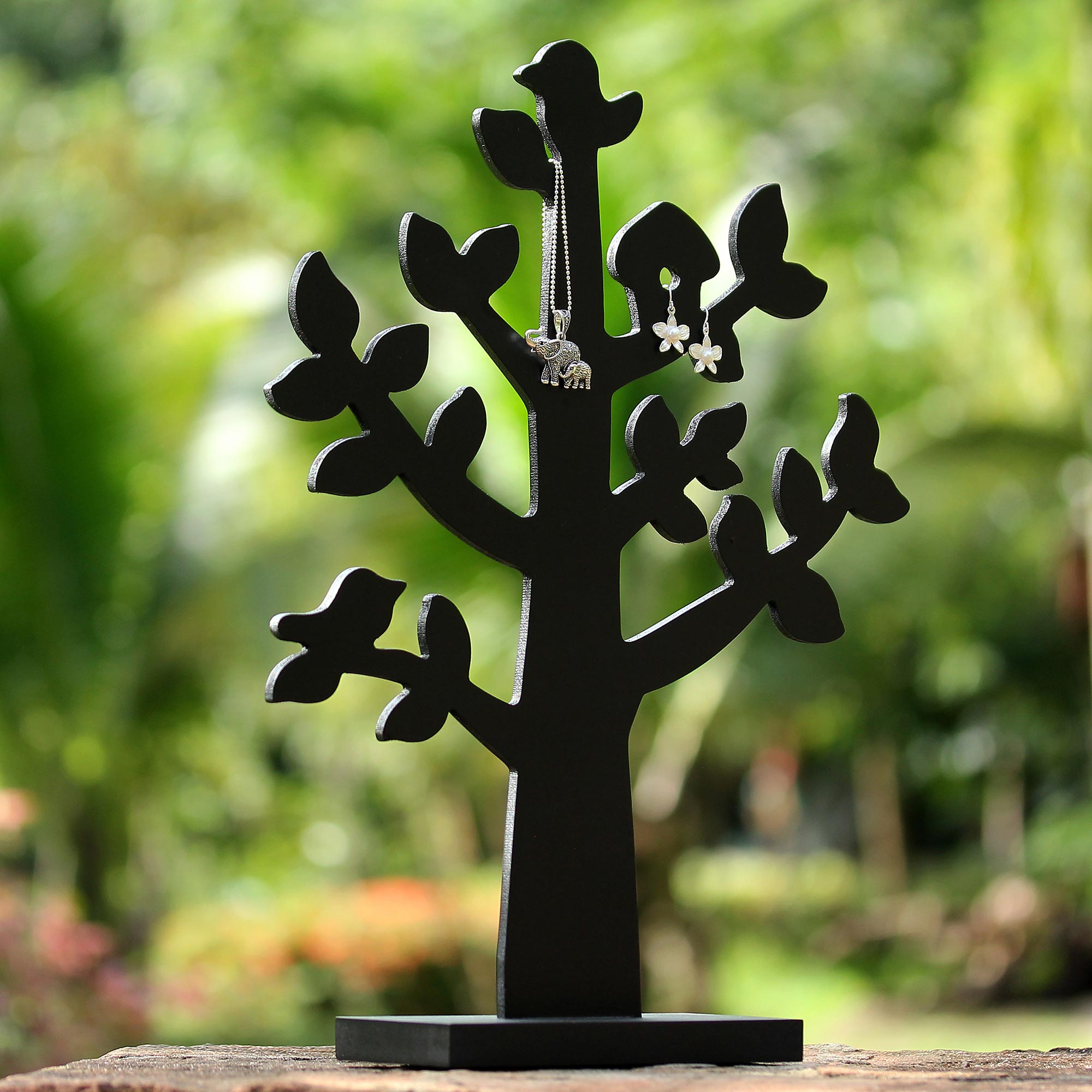 Premium Black Wood Jewelry Tree with Birdhouse - Handcrafted in Thailand