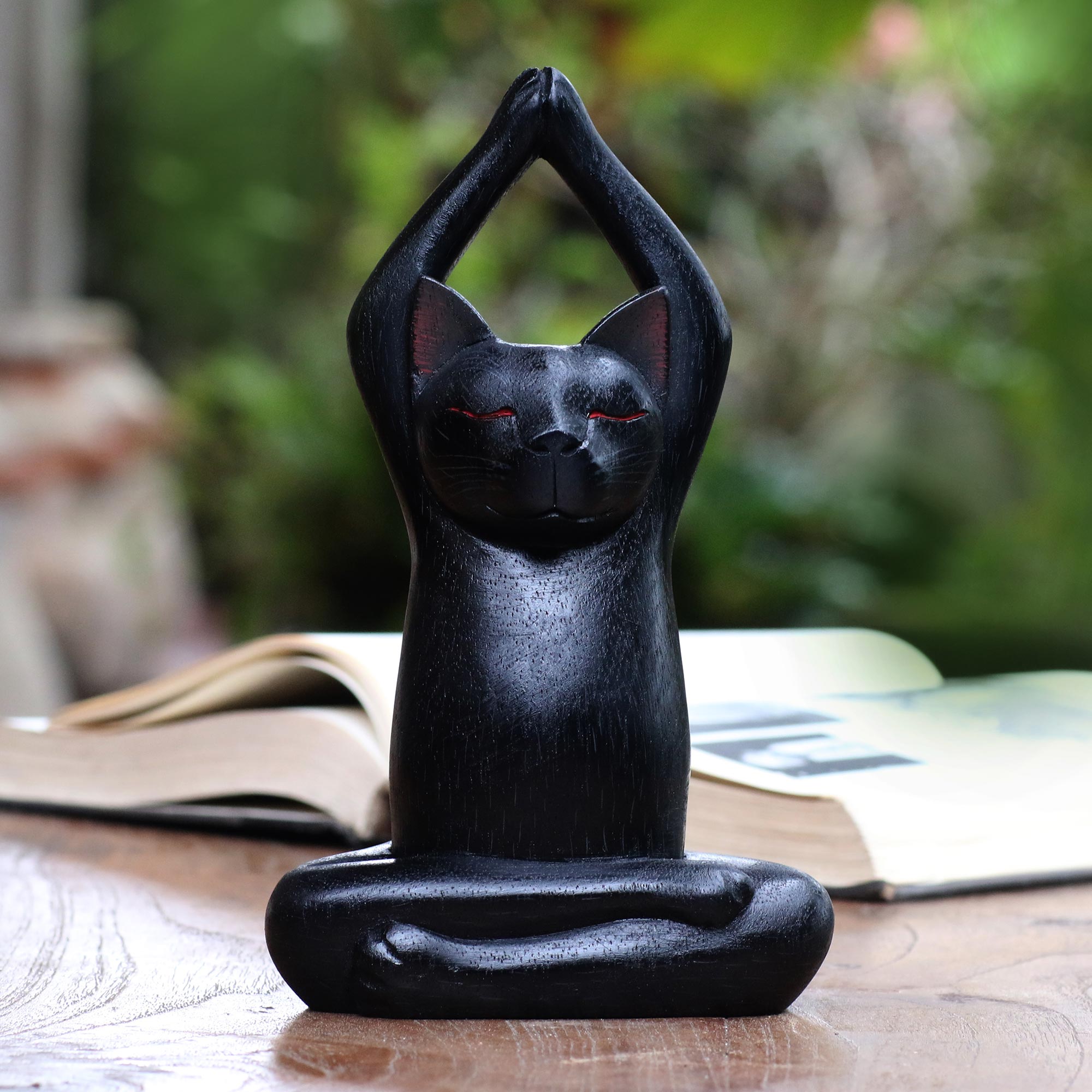 Premium Black Yoga Cat Sculpture - Handcrafted Suar Wood Art from Bali