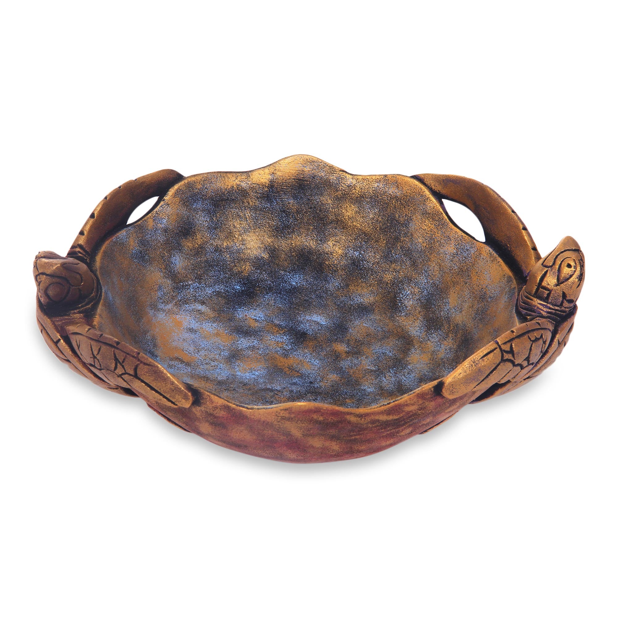 Premium Hand-Carved Sea Turtle Twins Wooden Centerpiece - Antique Gilded Finish