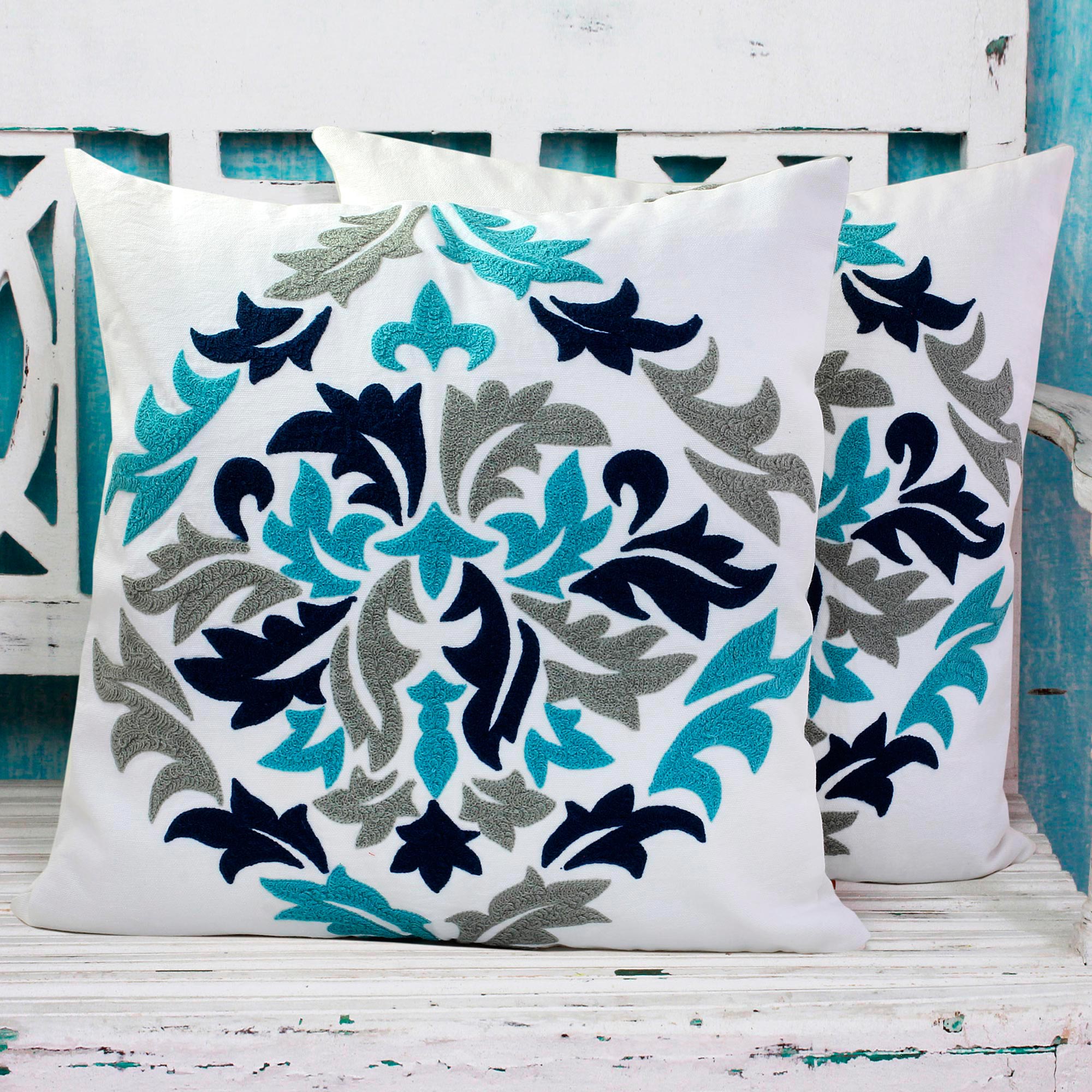 Premium Handcrafted Cotton Cushion Covers with Embroidered Fresh Leaves Design (Pair)