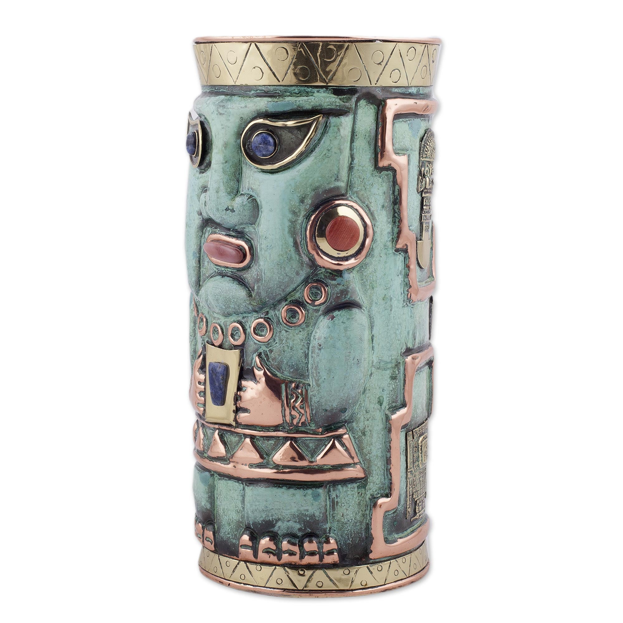 Premium Andean Warrior Gemstone Vase - Handcrafted Copper Art from Peru