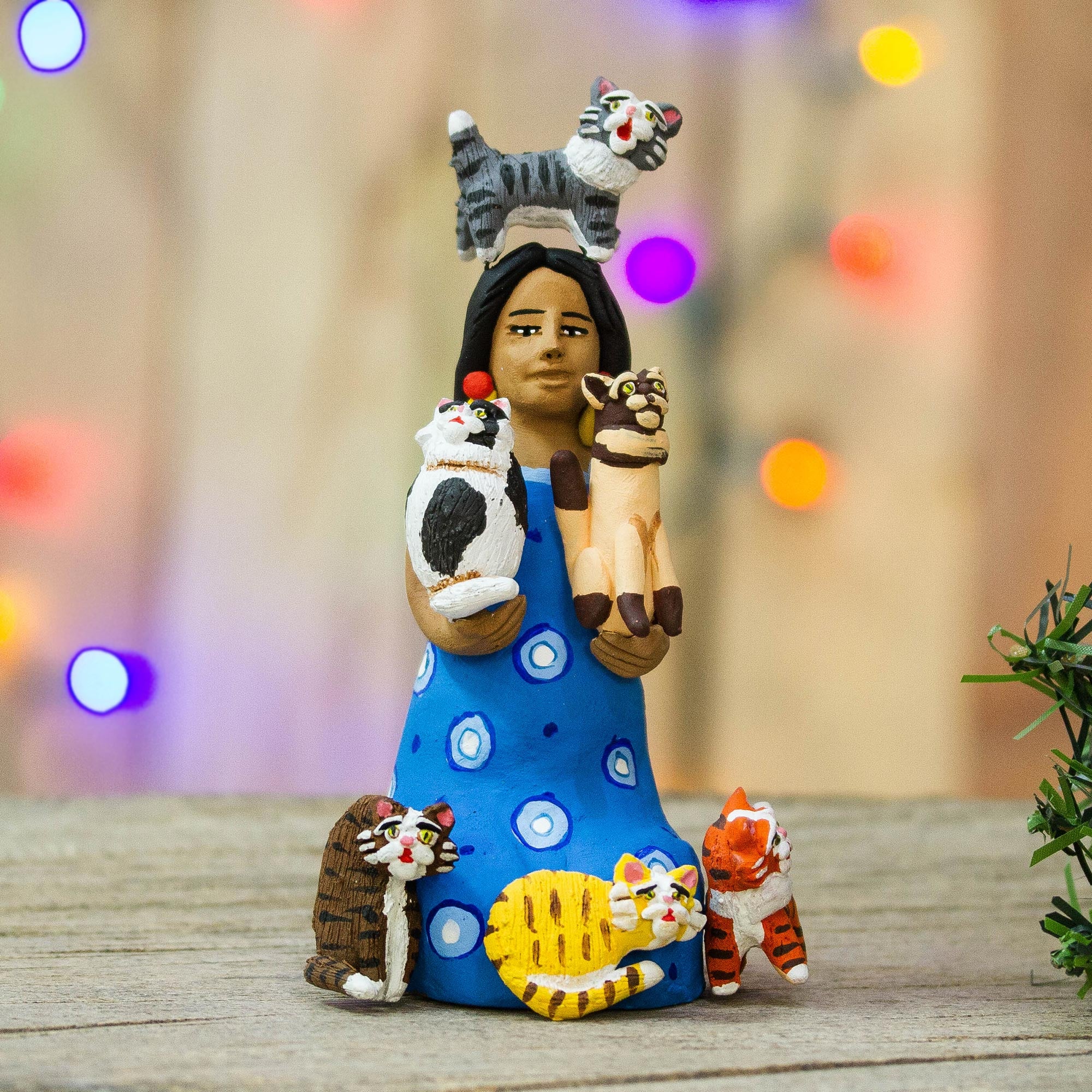 Premium Hand-Painted Ceramic Sculpture: Woman with Cats - Unique Artisan Craft
