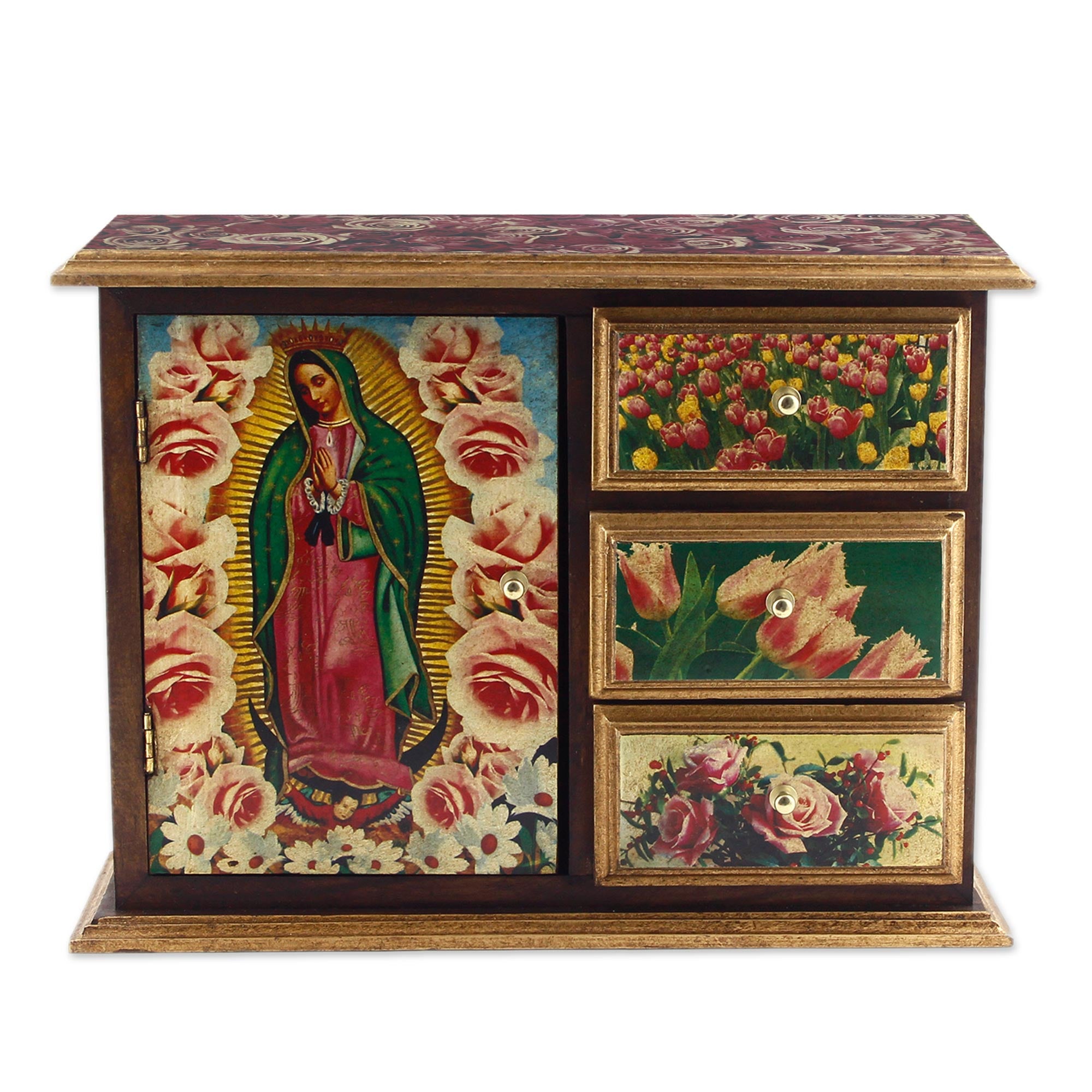Premium Virgin of Guadalupe Decoupage Chest - Handcrafted Antique Design