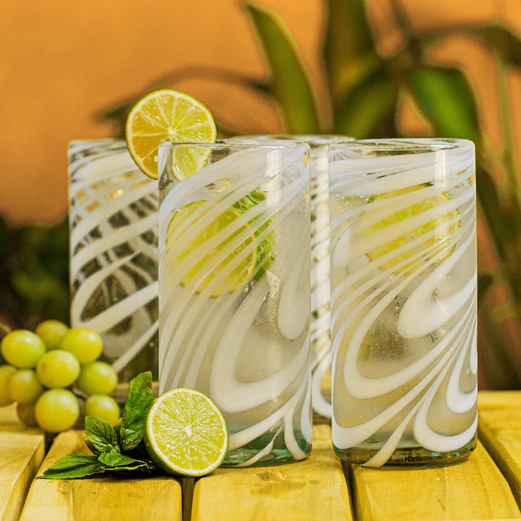 Premium Whirling White Recycled Glass Highball Set - Handcrafted in Mexico