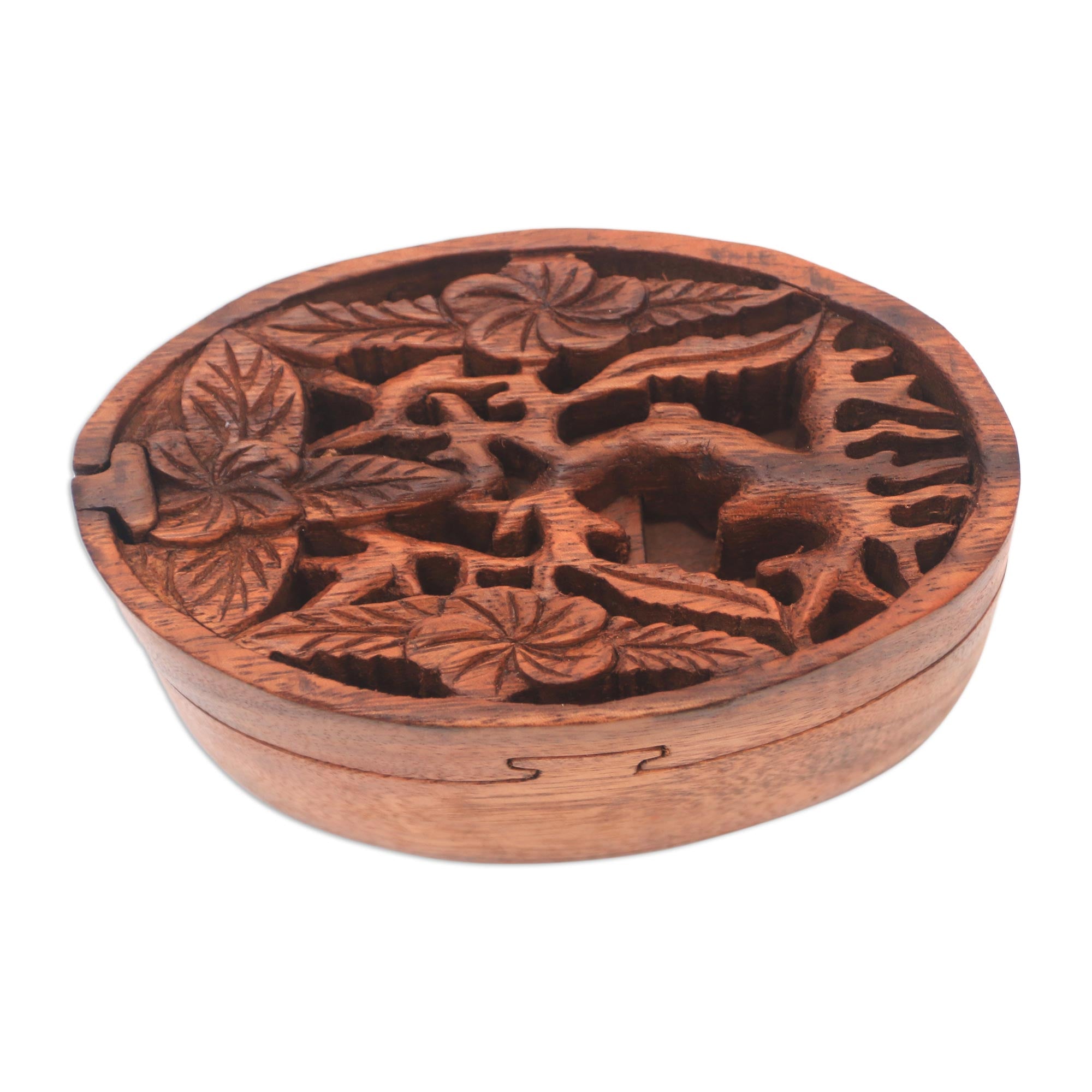 Premium Hand-Carved Suar Wood Puzzle Box with Plumeria Design