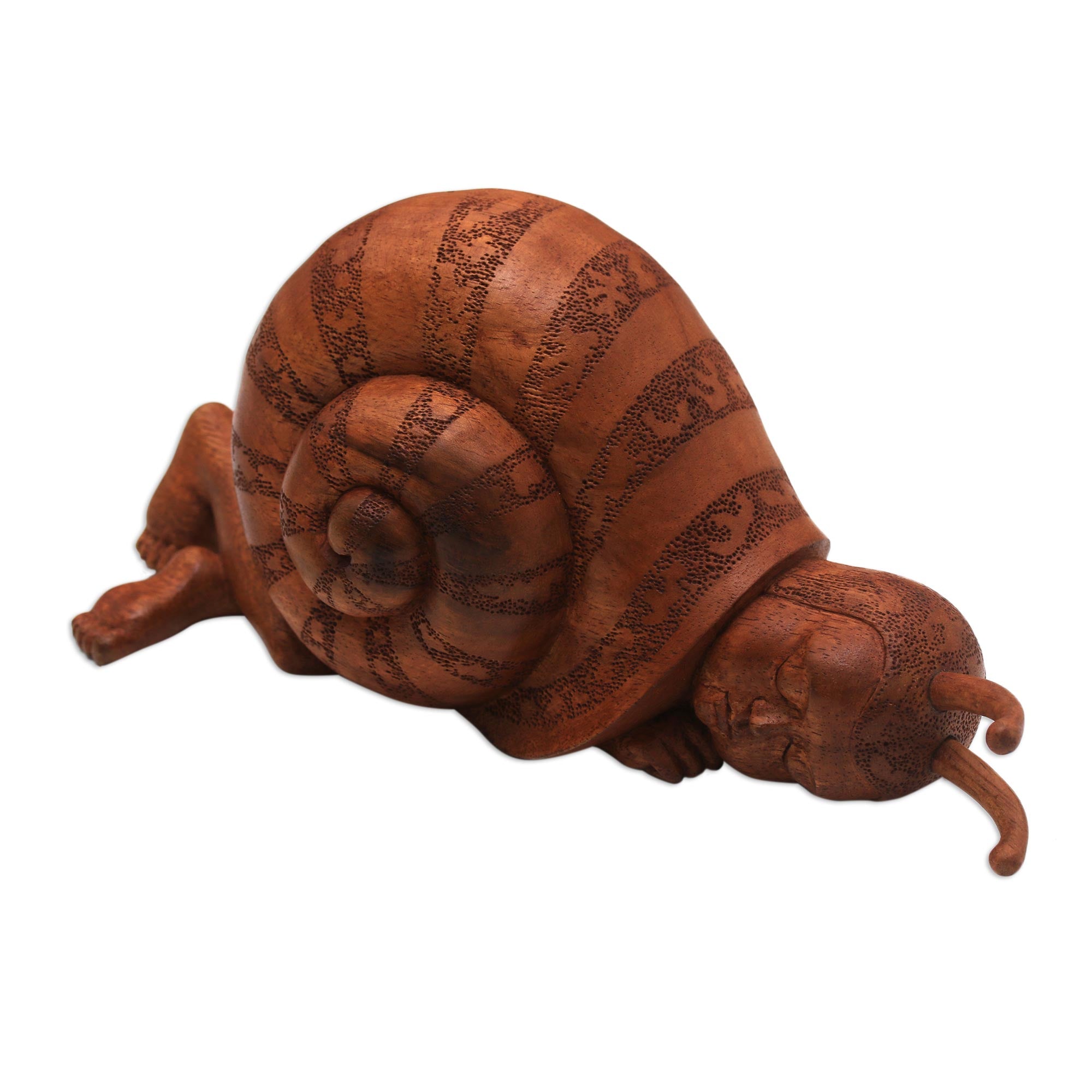 Premium Suar Wood Sculpture: Slumbering Snail Man by Indonesian Artisan
