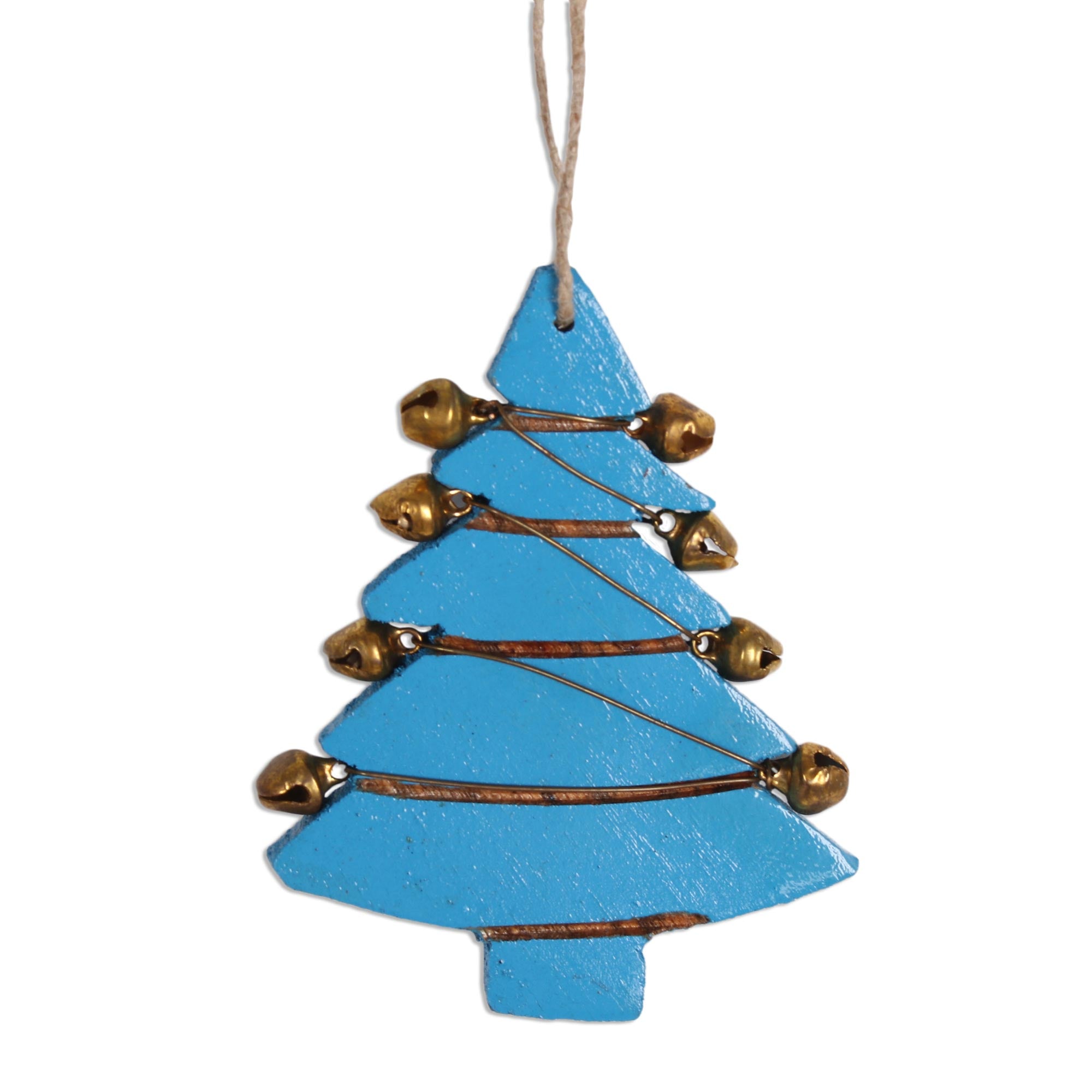Premium Handcrafted Mango Wood Tree Ornaments with Jingling Bells (Set of 4)