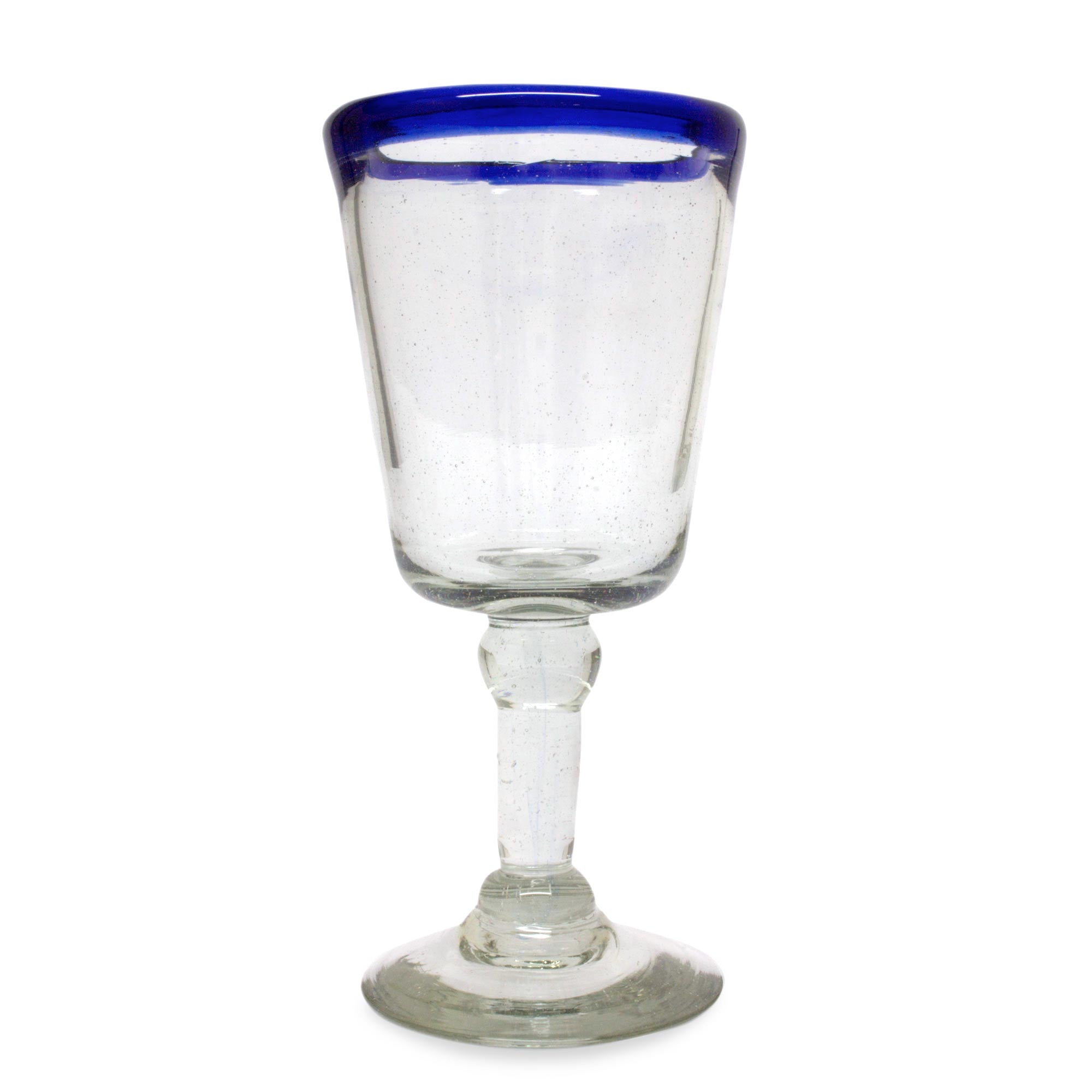 Premium Hand-Blown Chardonnay Wine Glasses - Set of 6 Artisan Blue Rim Goblets from Mexico