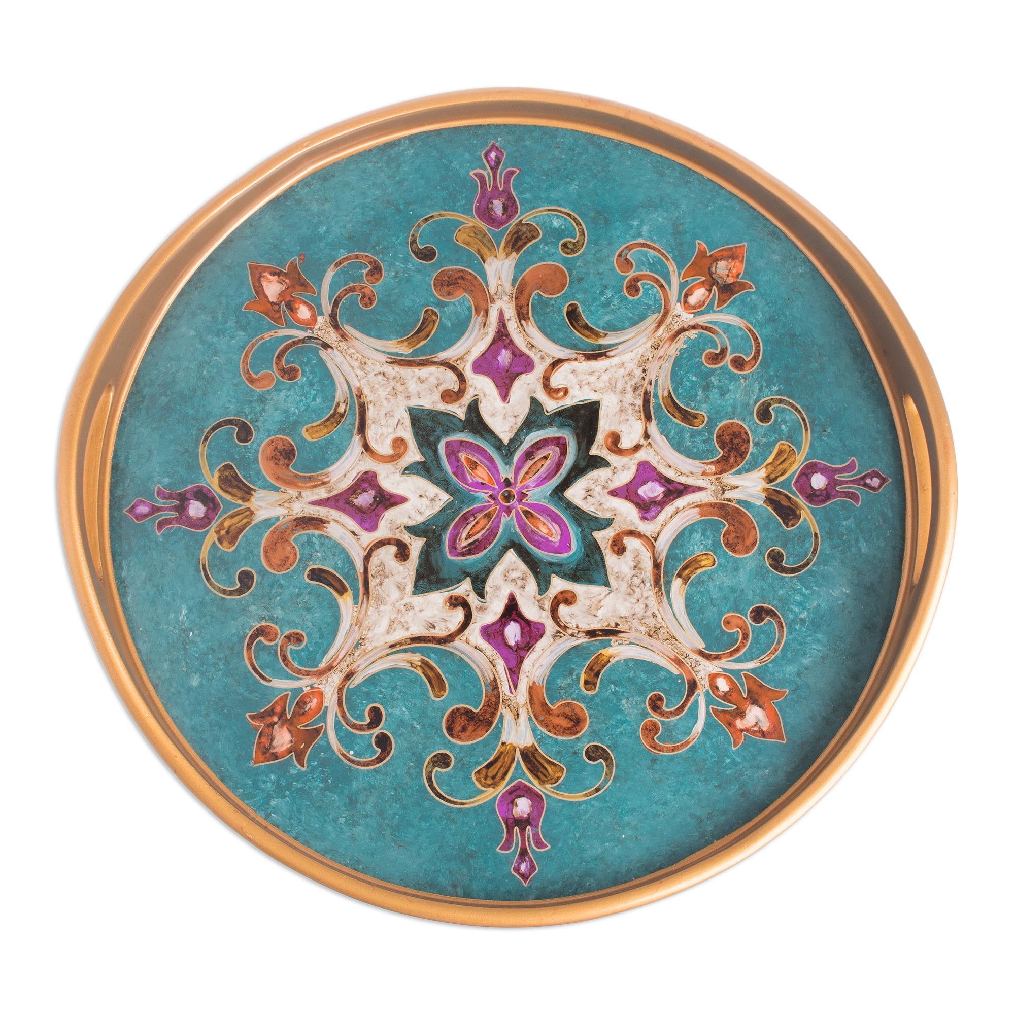 Premium Colonial Elegance Reverse Painted Glass & Wood Turquoise Floral Round Tray