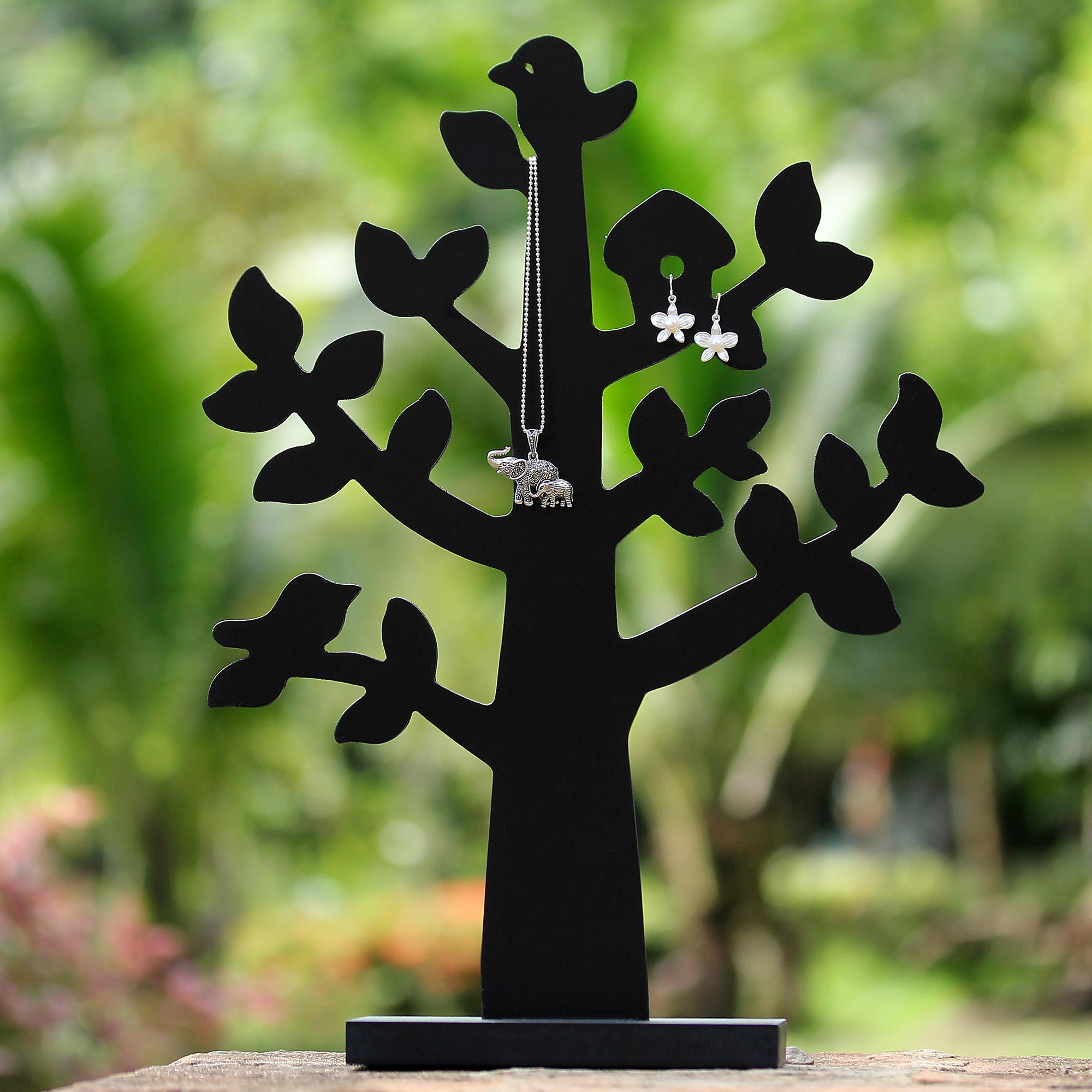 Premium Black Wood Jewelry Tree with Birdhouse - Handcrafted in Thailand