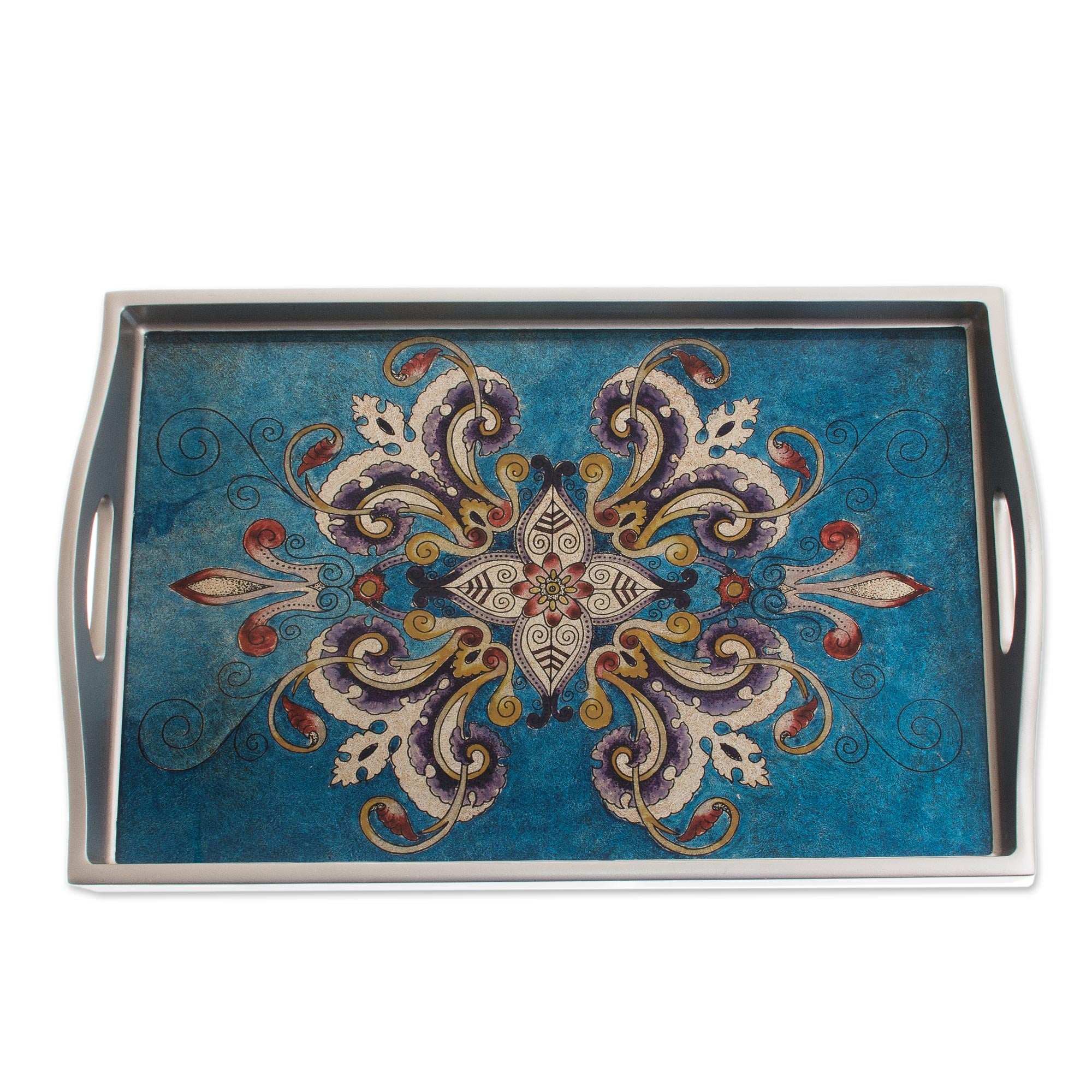Premium Hand-Painted Blue Floral Glass Tray – Handcrafted Artisan Design from Peru