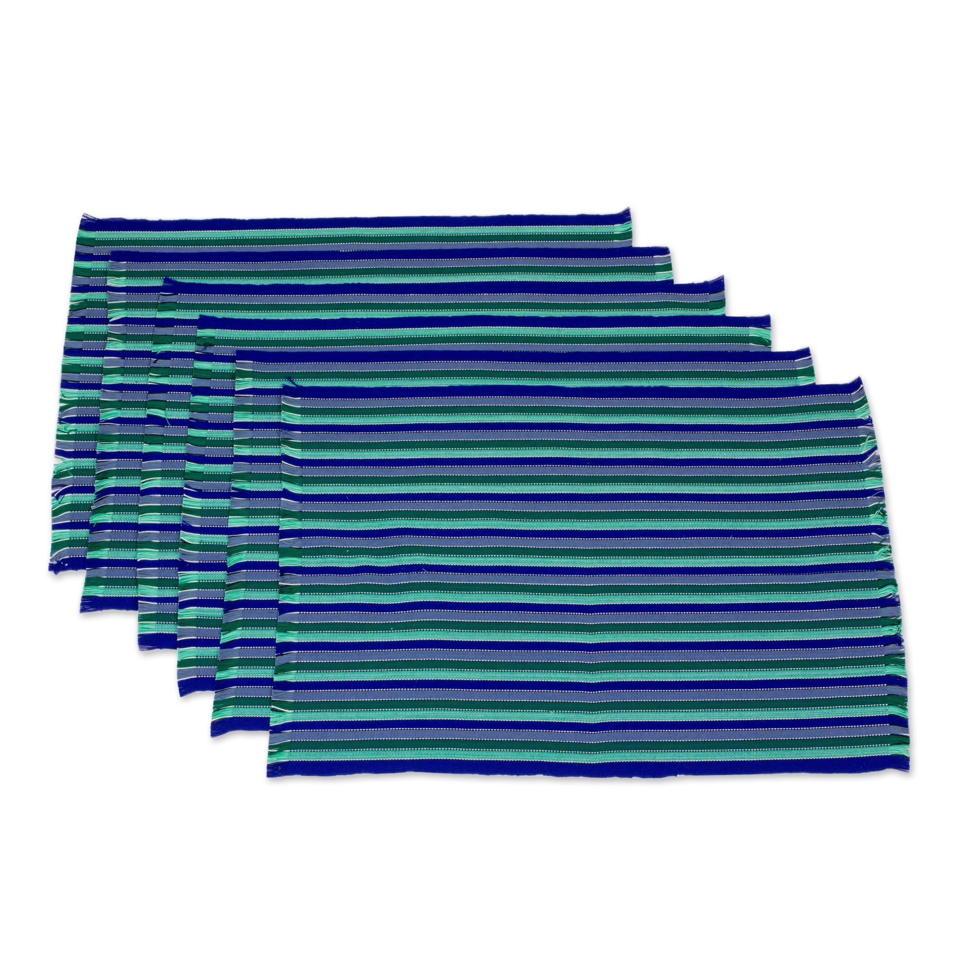 Premium Blue & Seafoam Striped Cotton Placemats Set of 6 - Handwoven in Guatemala