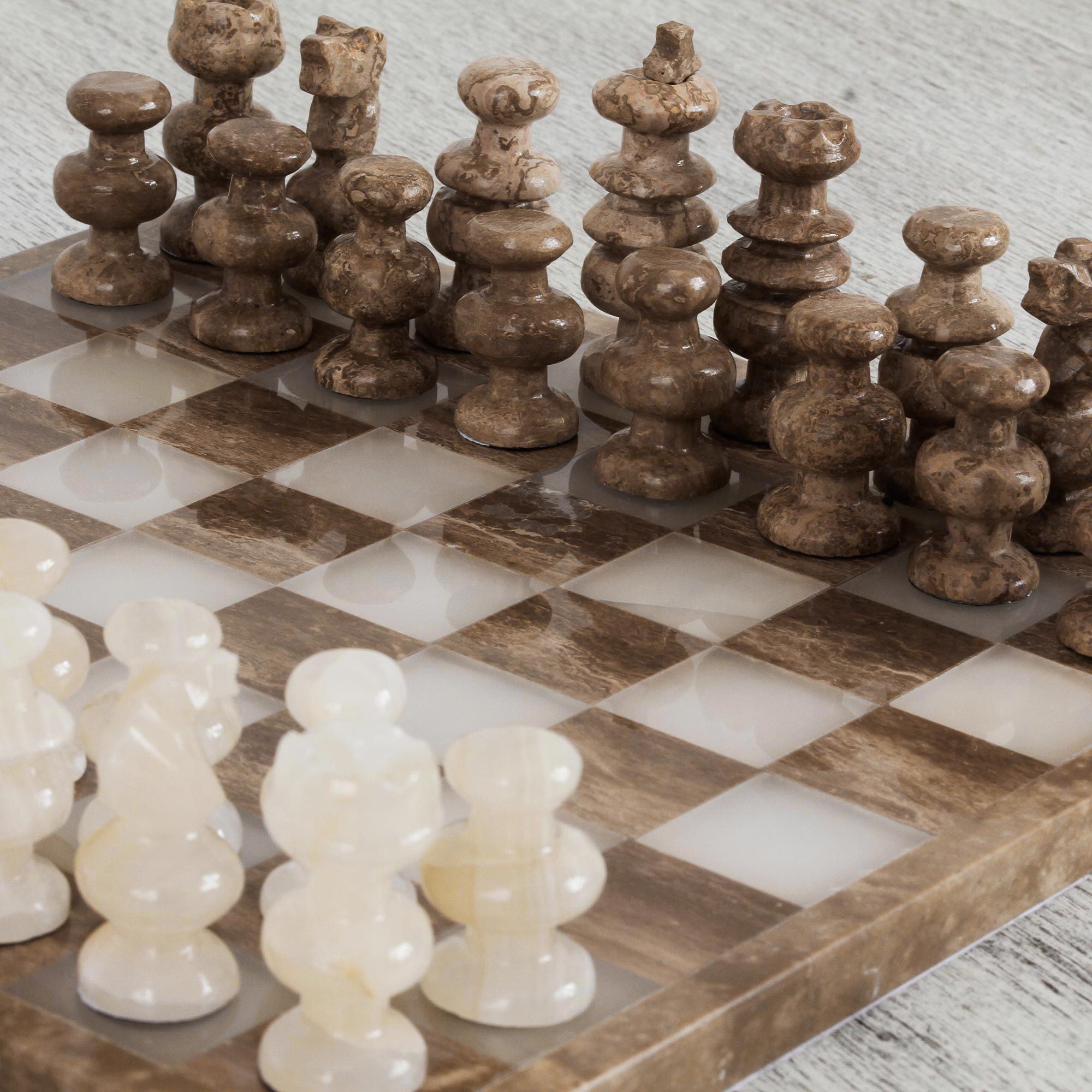 Premium Hand-Carved Brown & Ivory Onyx and Marble Chess Set - Crafted in Mexico