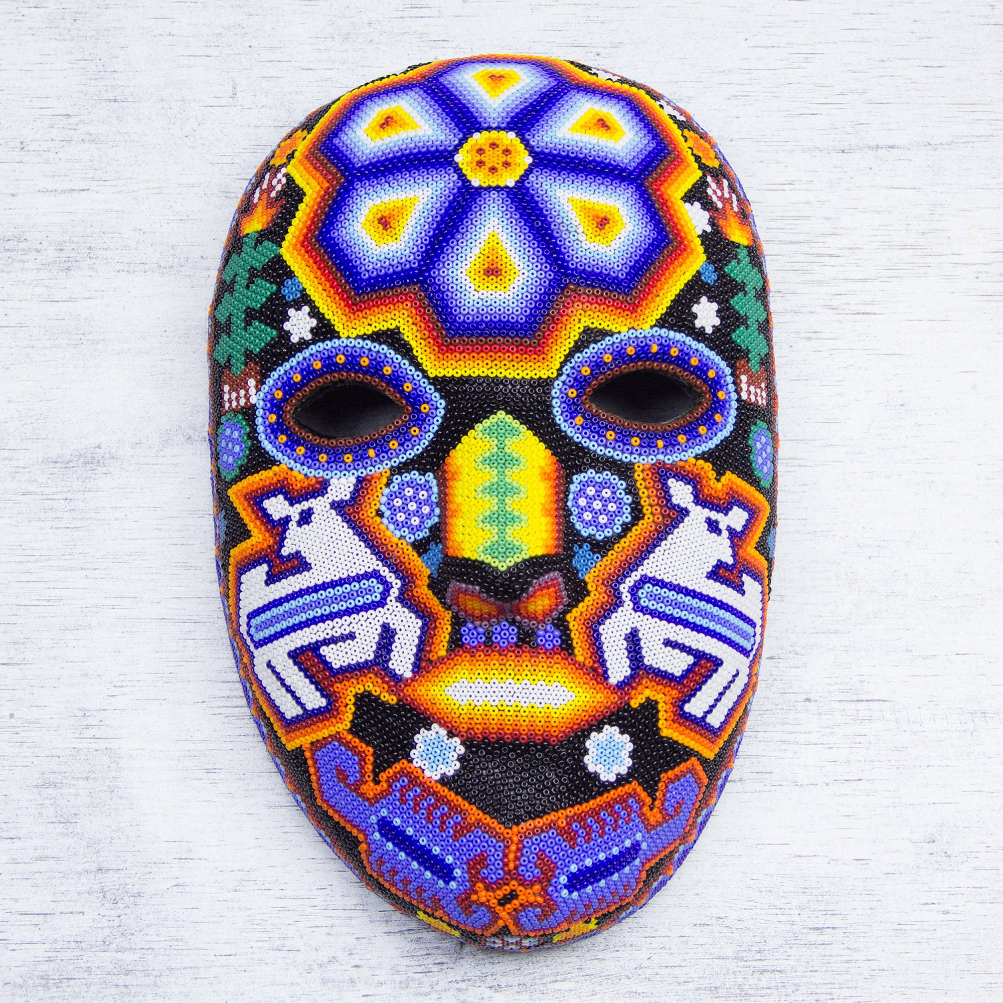 Premium Huichol Shaman Deer Mask - Handcrafted Multicolor Art Piece