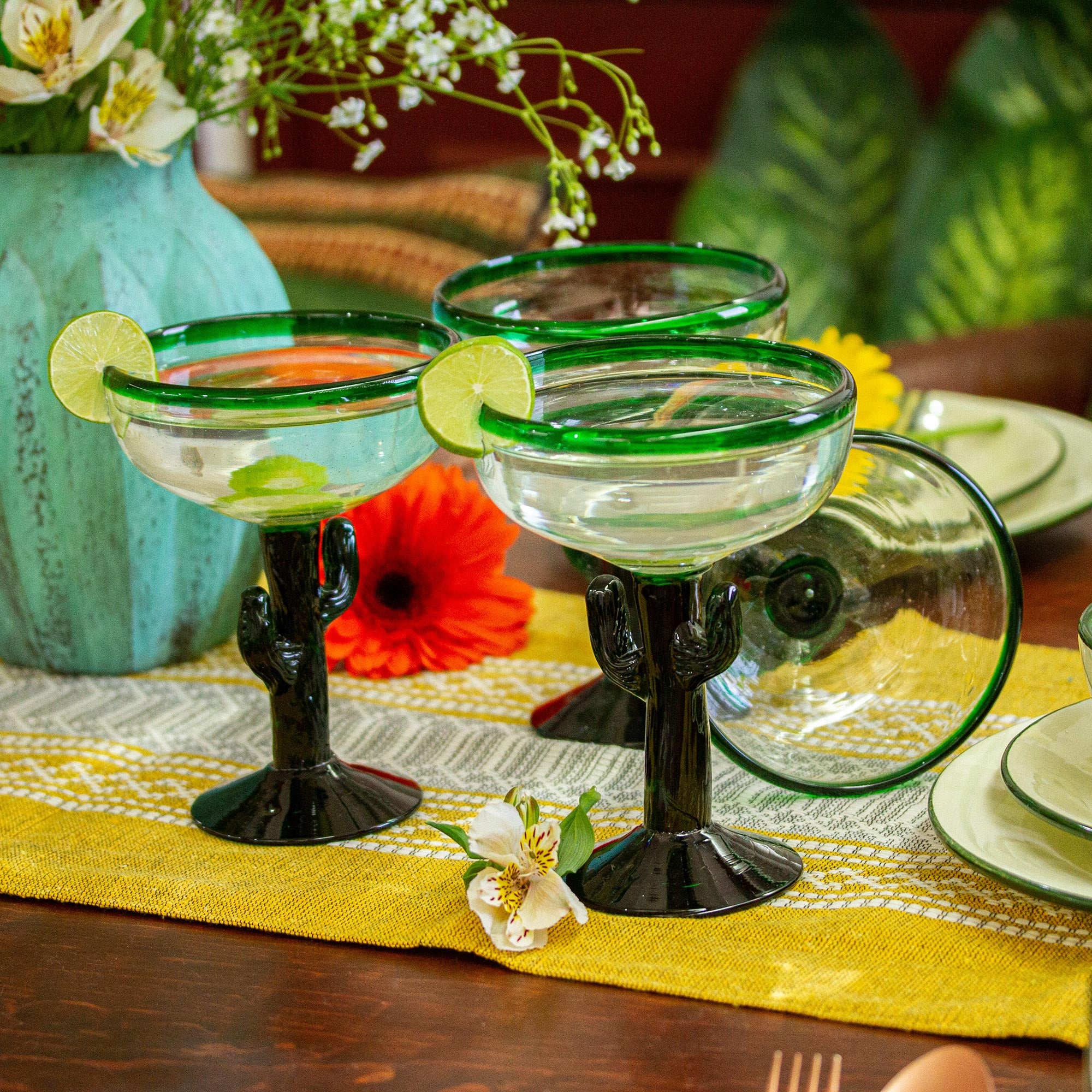 Premium Hand Blown Saguaro Cactus Margarita Glasses - Eco-Friendly Set of 4