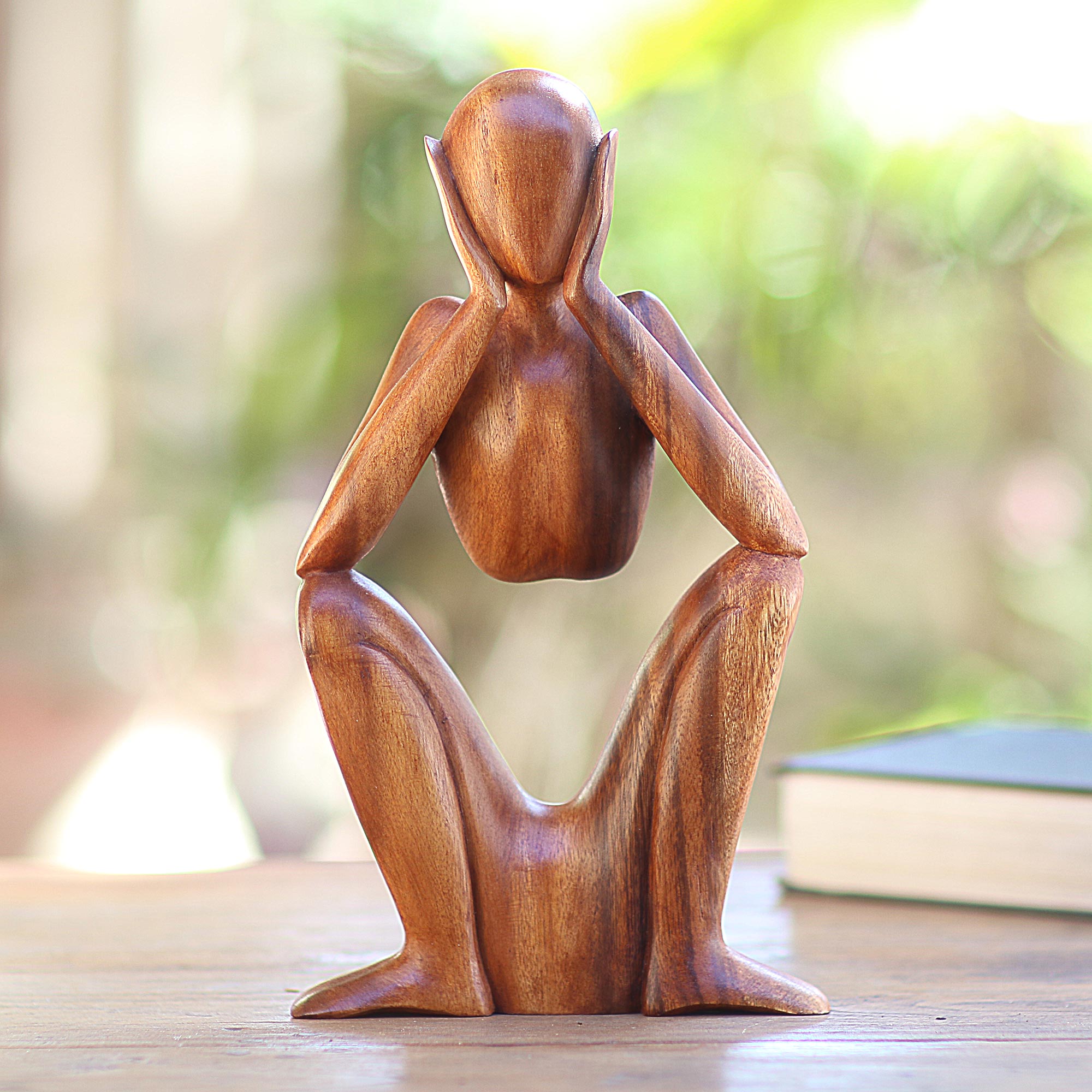 Premium Suar Wood Sculpture: The Bored Figure - Handcrafted Art Piece