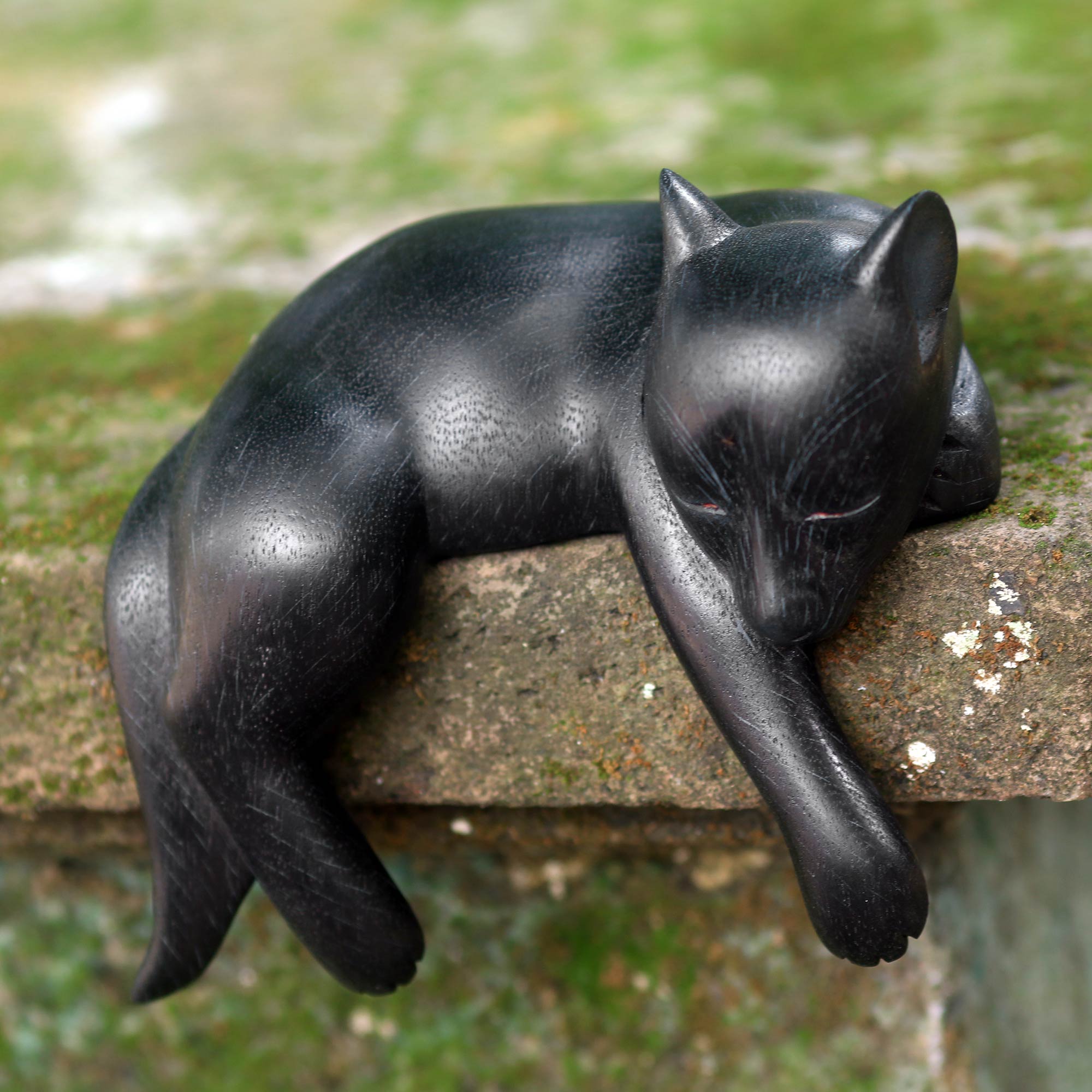 Premium Handcrafted Suar Wood Sleeping Dog Statuette - Kintamani Black
