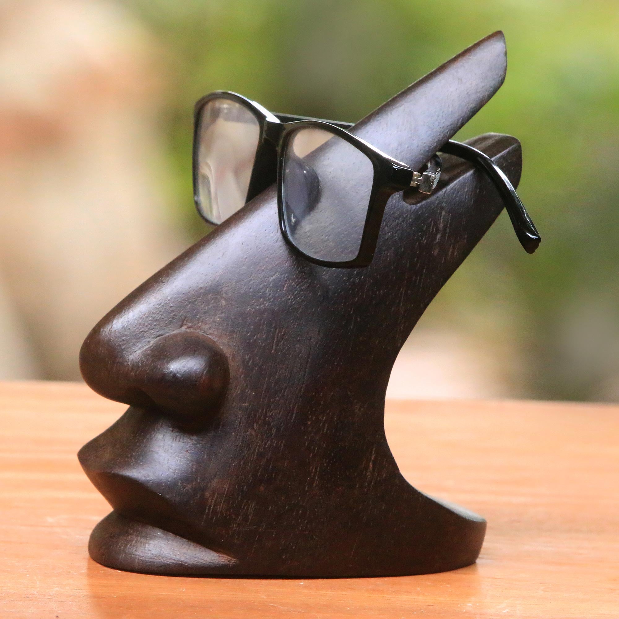 Premium Dark Brown Wood Eyeglasses Stand - Handcrafted Balinese Artisan Design