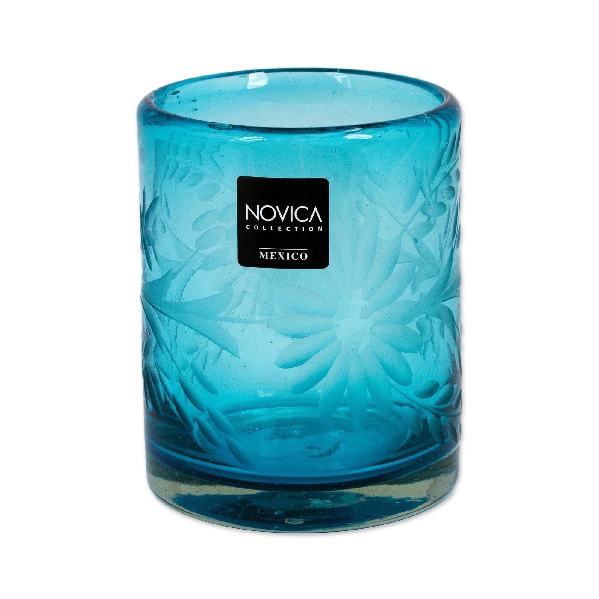 Premium Aquamarine Sunflower Engraved Hand-Blown Rocks Glass Set of 6 - Ultimate Craftsmanship