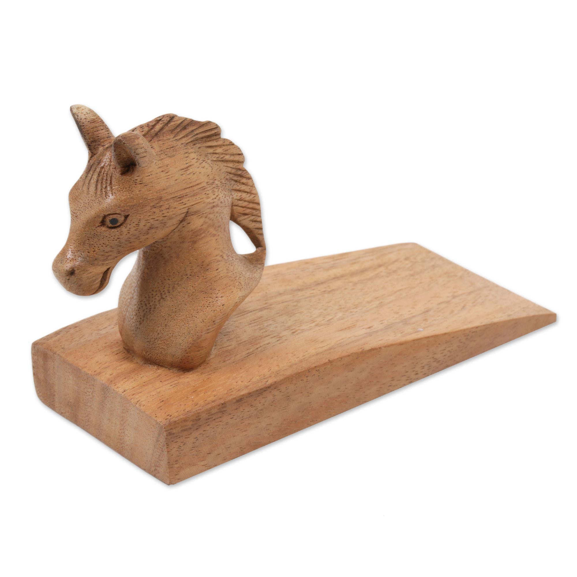 Premium Hand-Carved Suar Wood Horse Door Stopper - Elegant Brown Finish, Artisan Crafted in Bali
