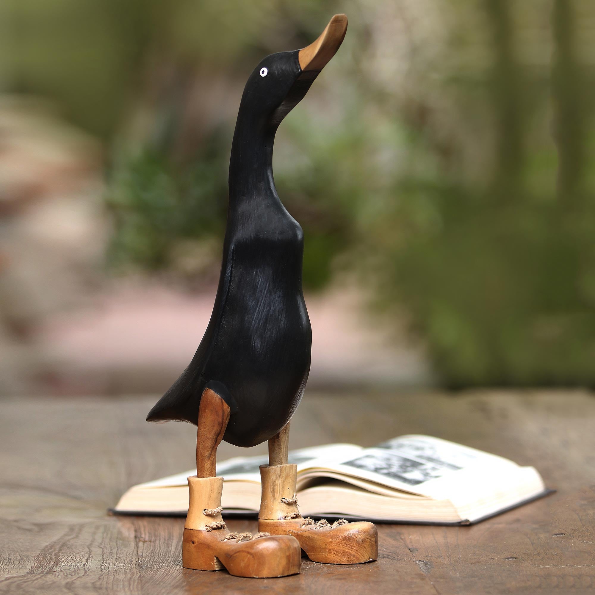 Premium Black Acacia & Bamboo Root Duck Sculpture from Bali - Handcrafted Art Piece