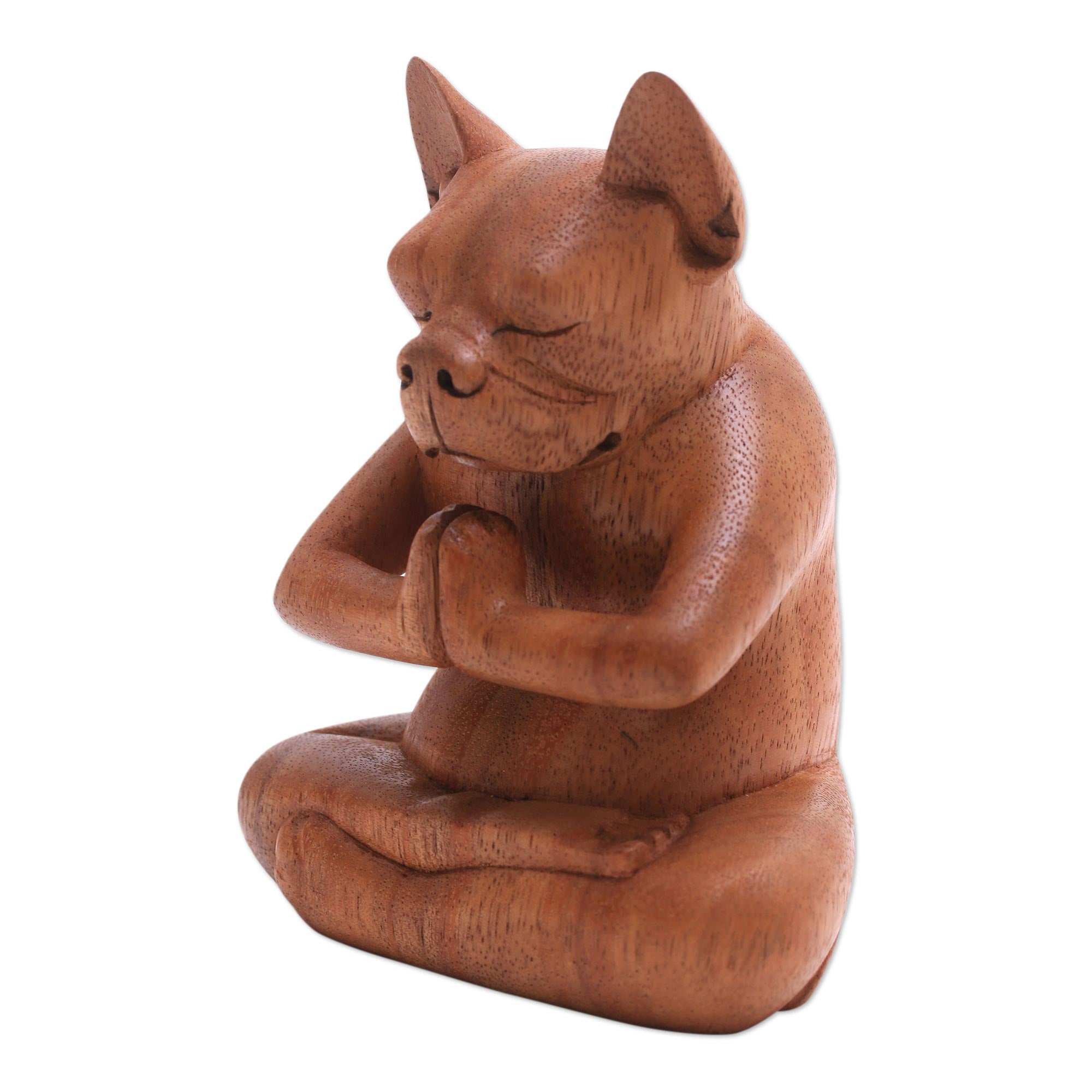 Premium Brown Boston Terrier Yoga Statuette – Handmade Wood Meditation Sculpture