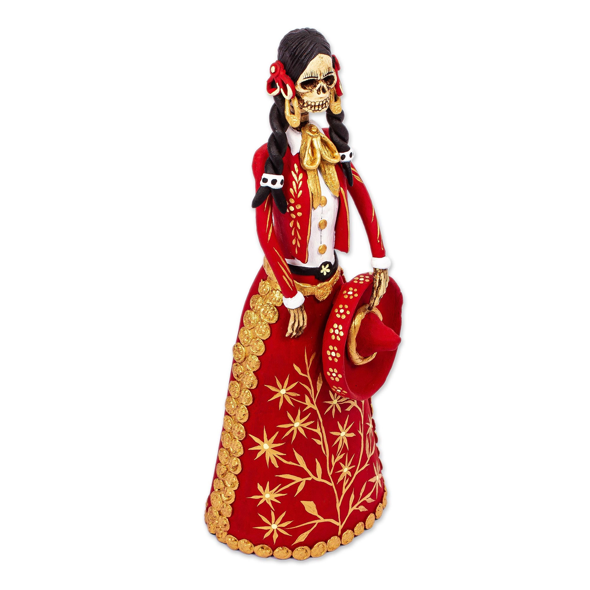 Premium La Catrina Charra Sculpture - Handcrafted Red & Gold Mexican Art