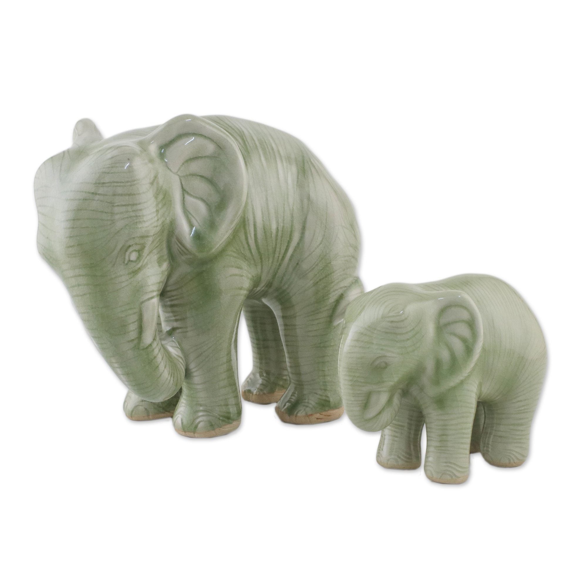 Premium Mother & Baby Elephant Celadon Ceramic Sculptures