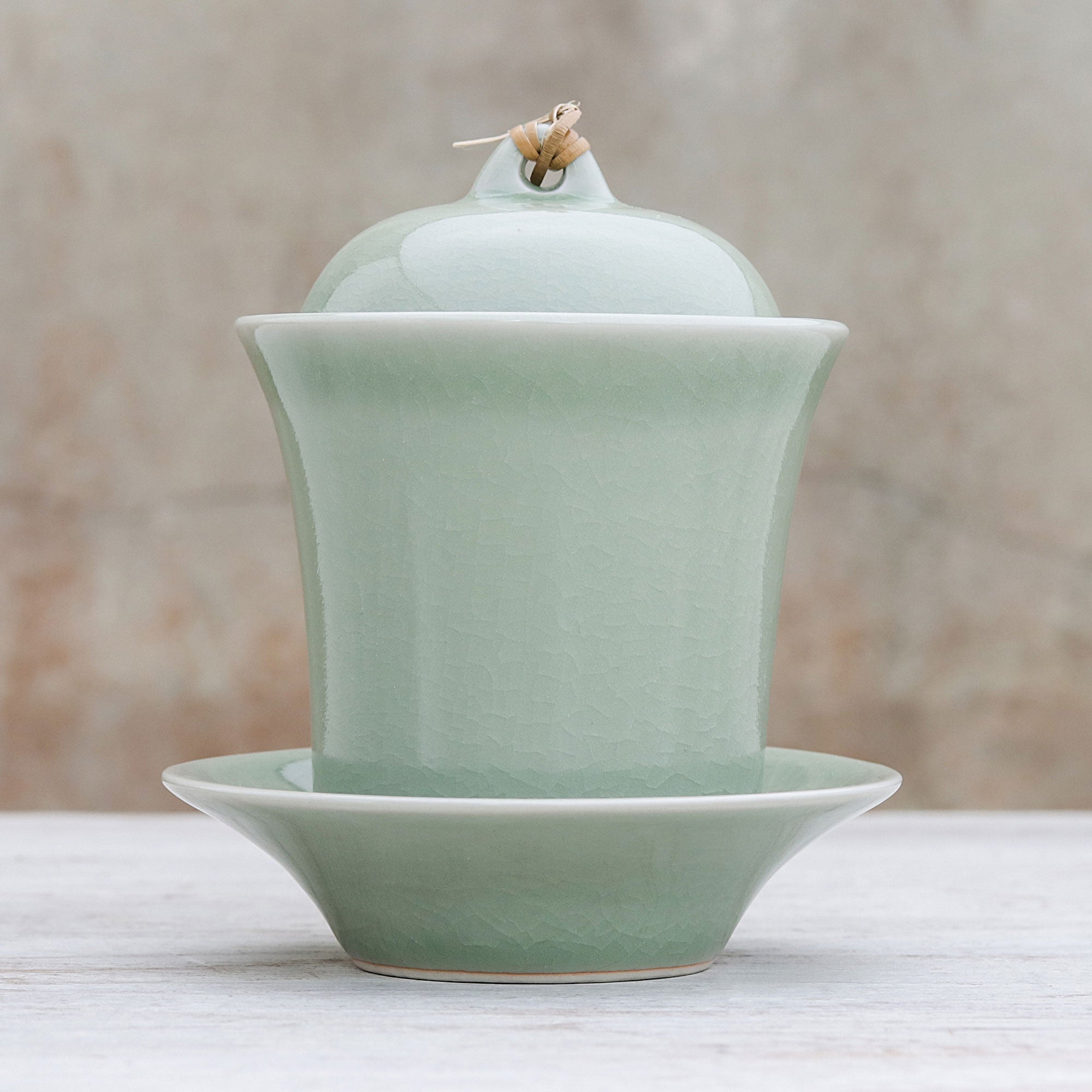 Premium Handcrafted Celadon Green Ceramic Soup Set with Lid & Saucer