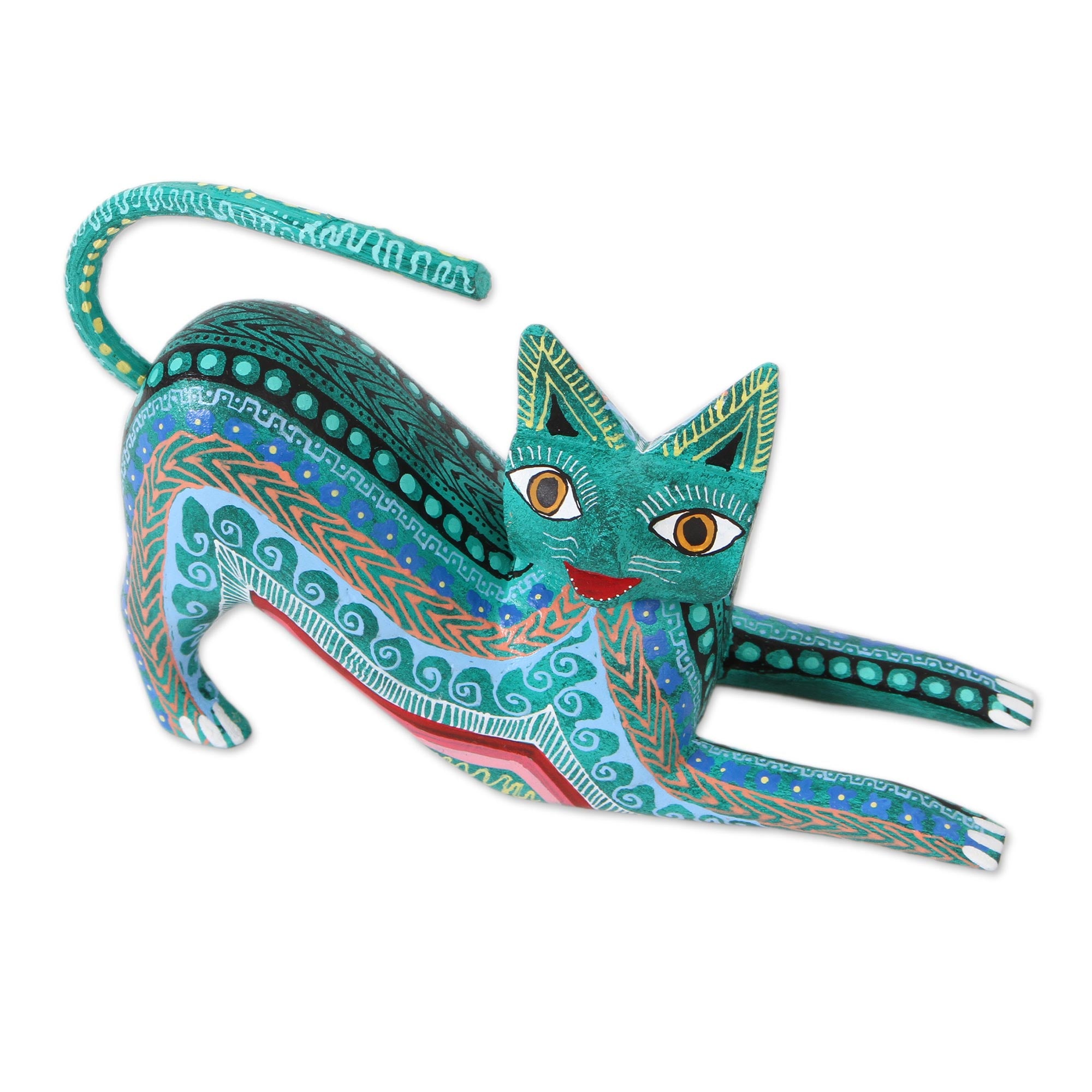 Premium Hand-Carved Green Cat Alebrije - Mexican Folk Art Figurine