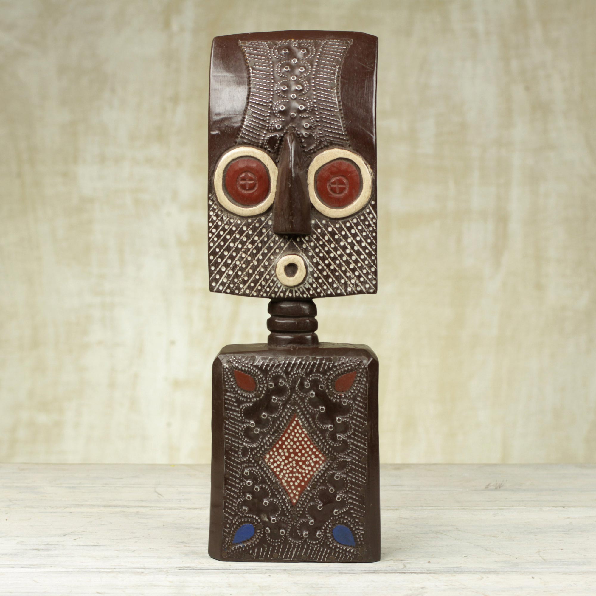 Premium Ahomka Mask: Handcrafted Ghanaian Sese Wood Sculpture with Aluminum Plating