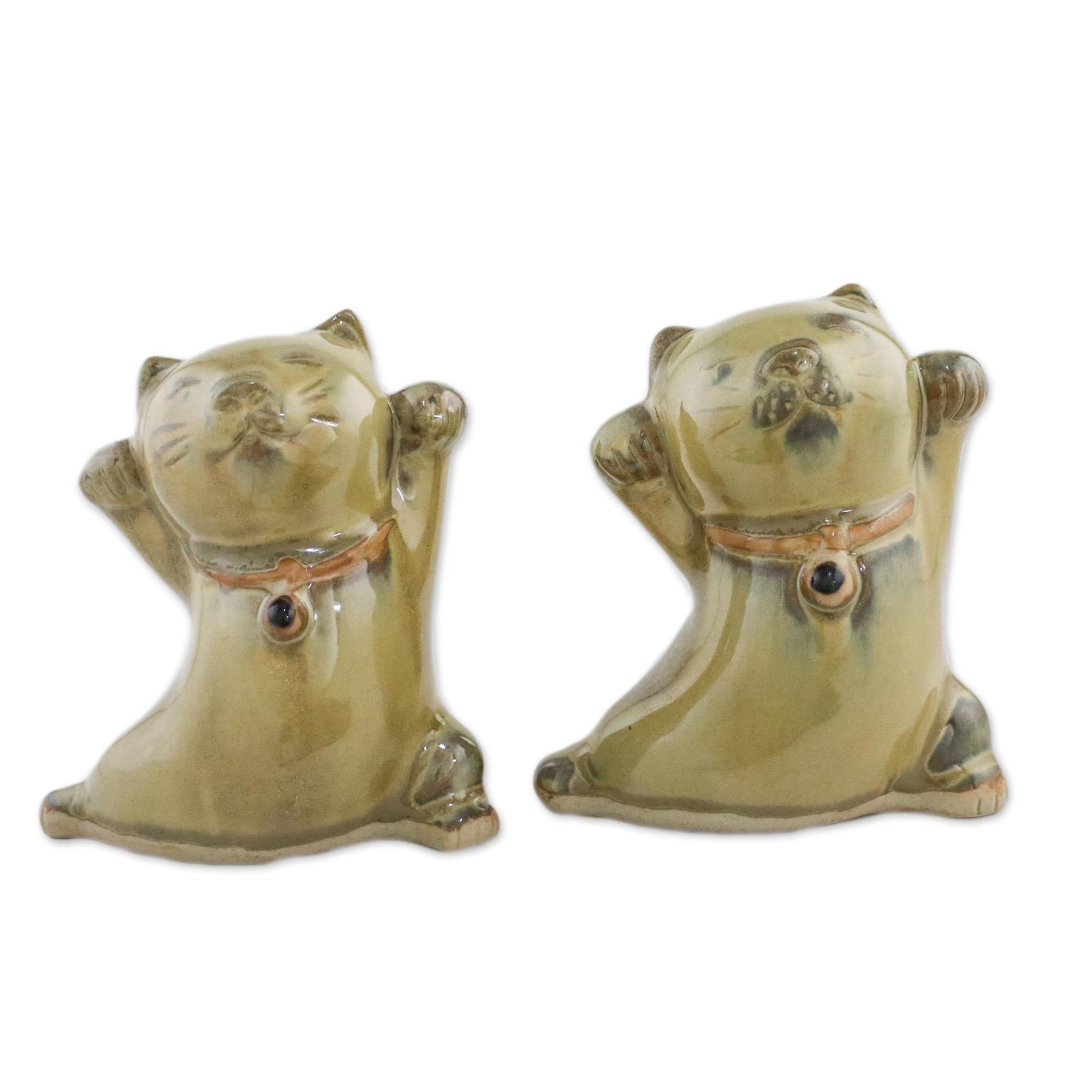 Premium Yellow Ceramic Lucky Cat Duo – Handcrafted in Thailand