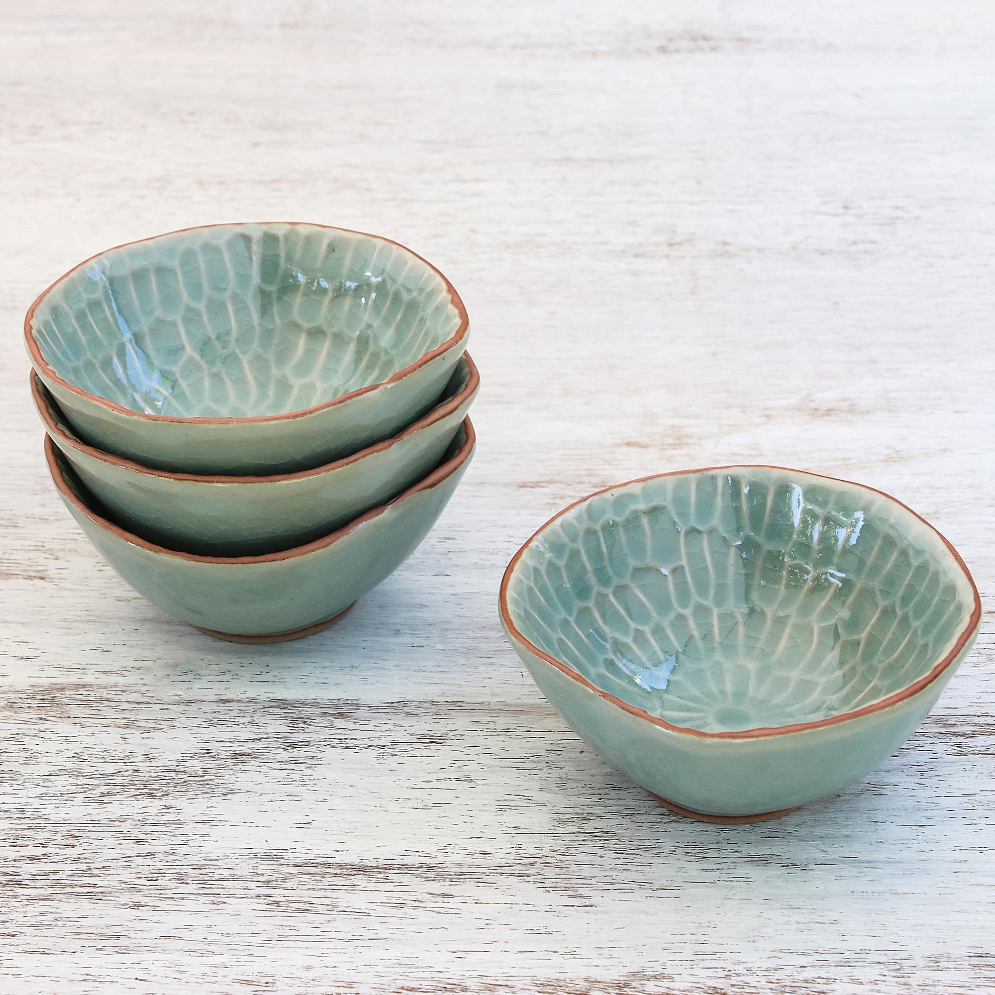 Premium Sunflower Dream Celadon Ceramic Appetizer Bowls Set of 4 - Handcrafted in Thailand