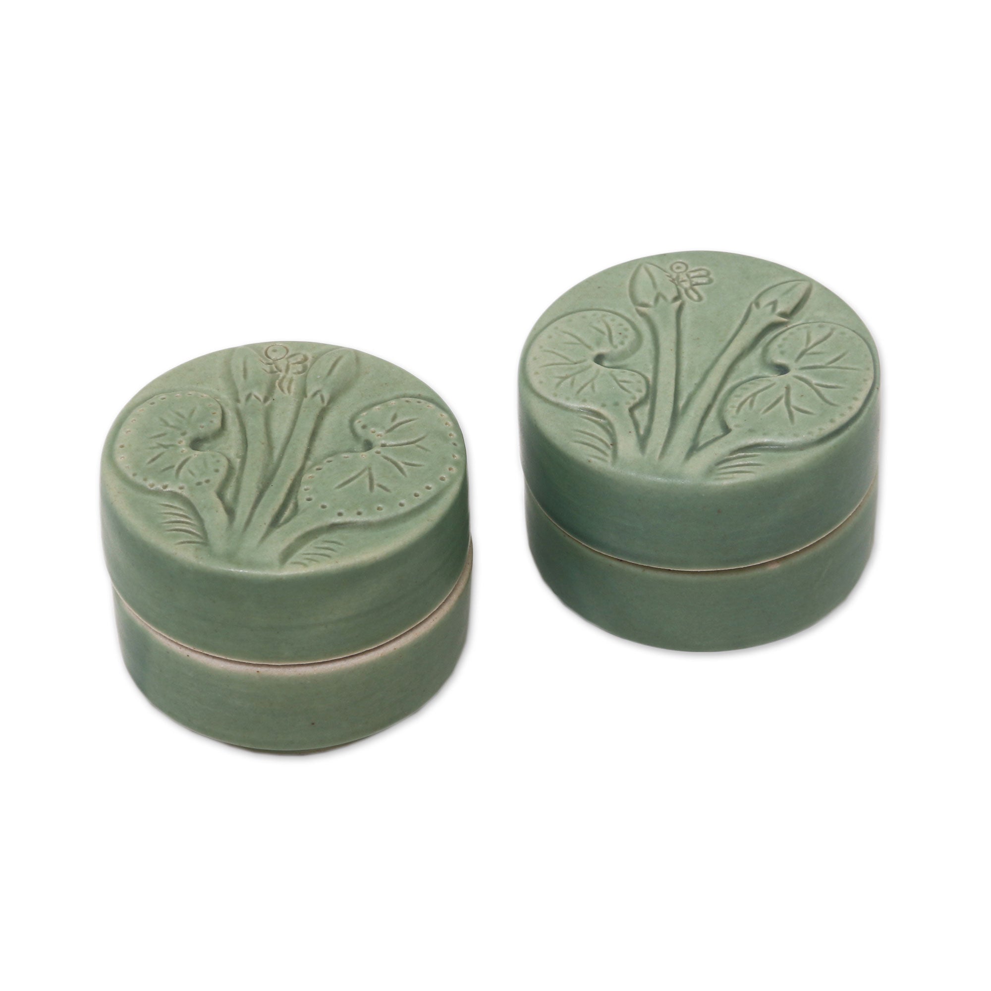 Premium Ceramic Lotus & Dragonfly Salt and Pepper Jars – Handcrafted Green Pair