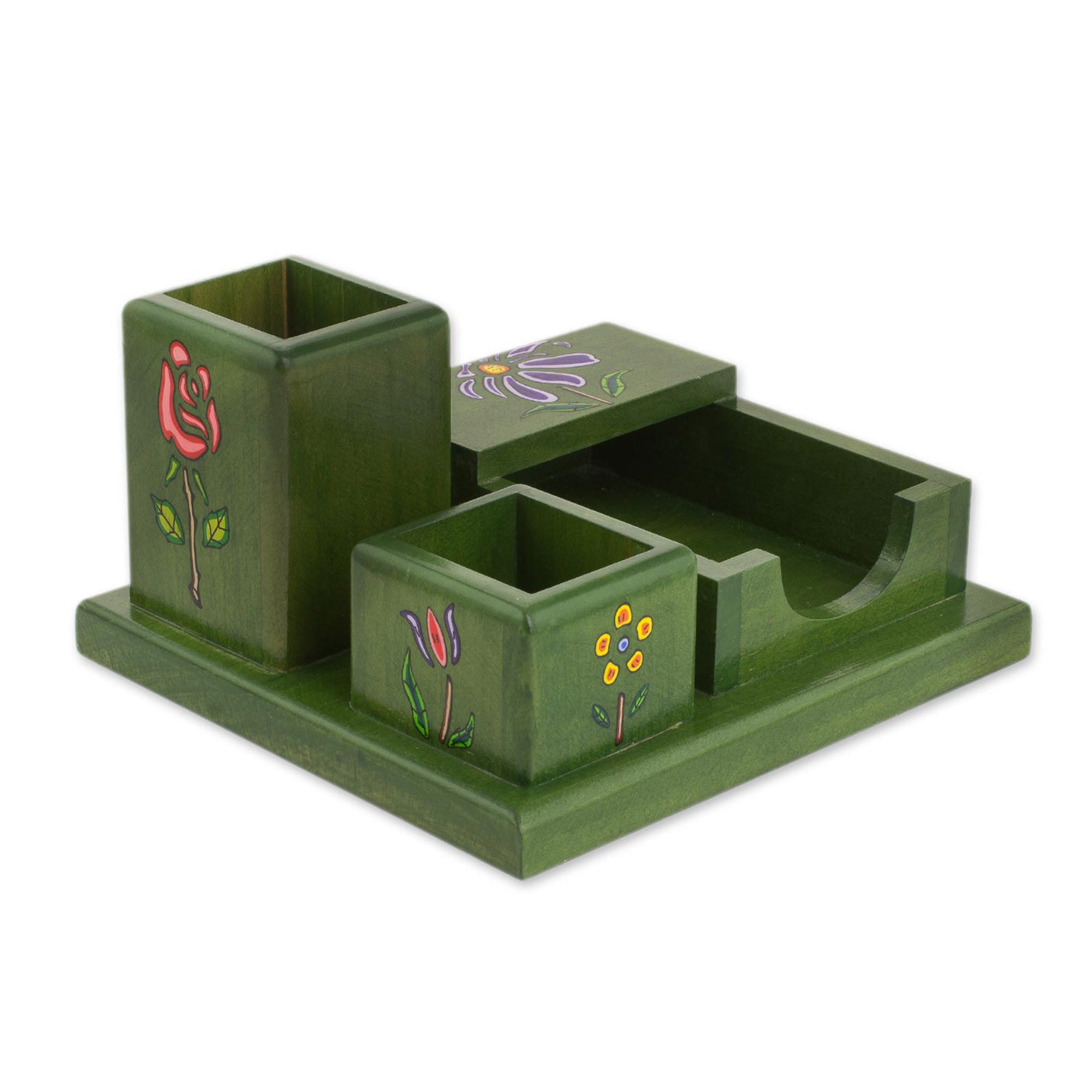 Premium Hand-Painted Pinewood Desk Organizer with Vivid Floral Design