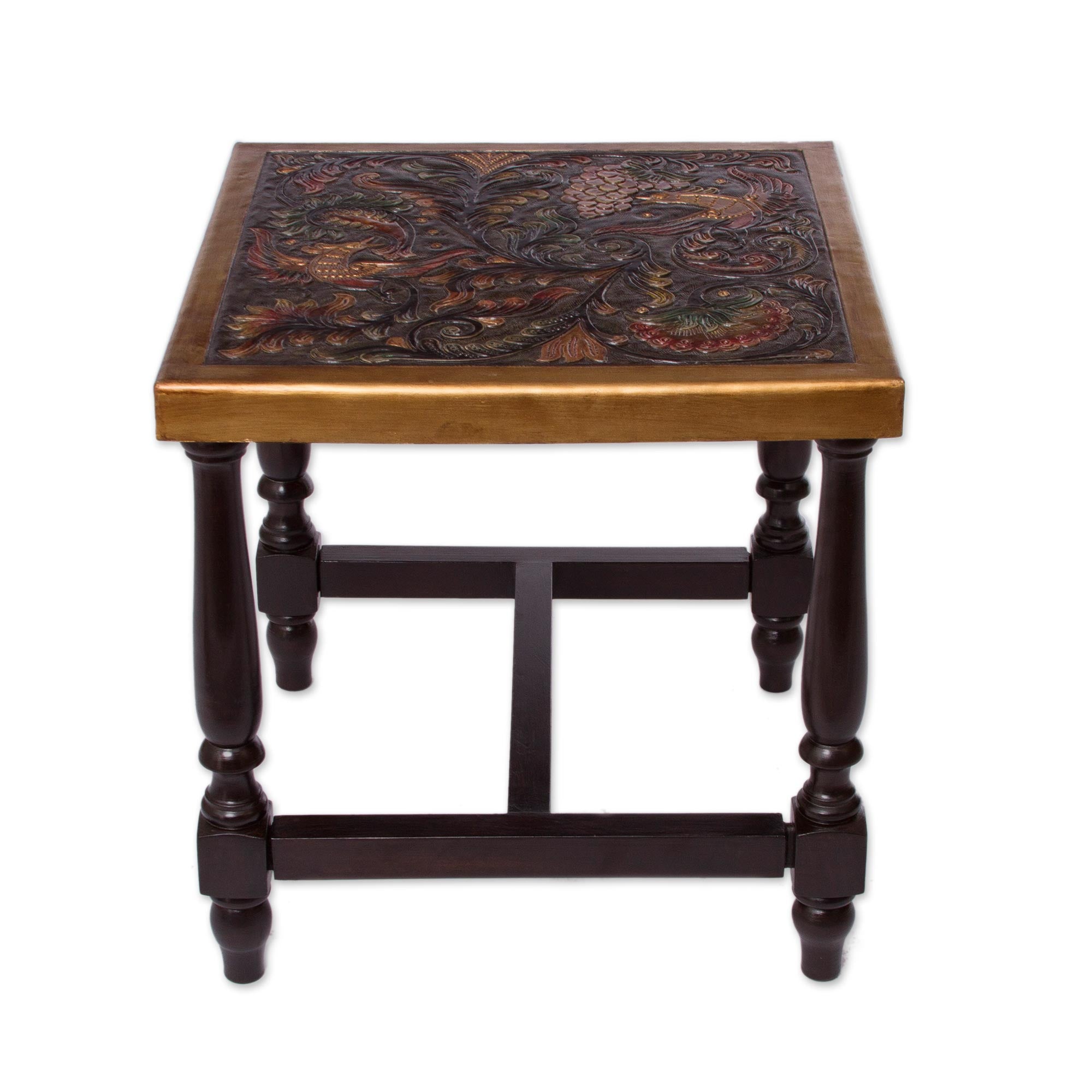 Ultimate Peacock Garden Table: Handcrafted Leather & Wood Masterpiece