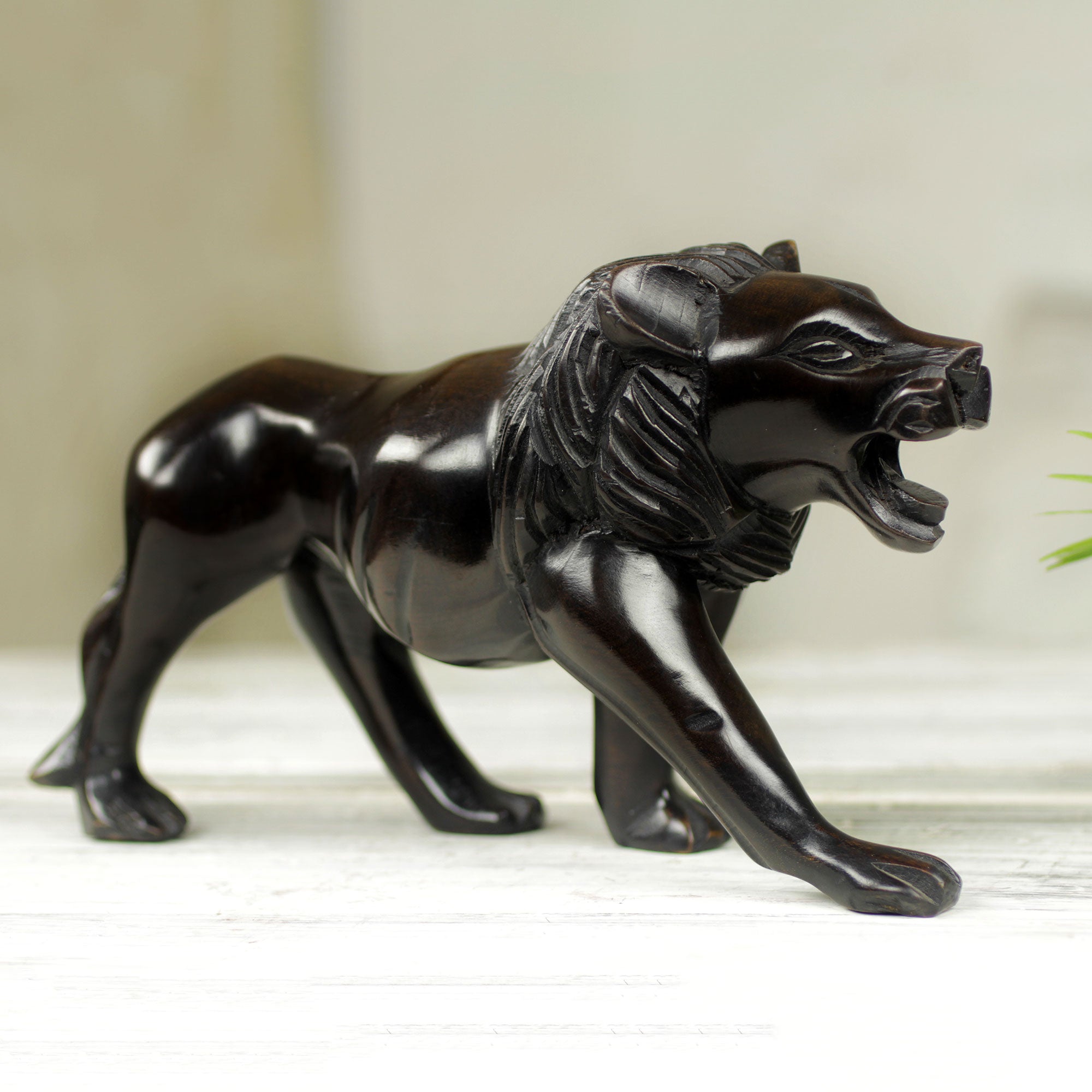 Premium Lion Prowl Sculpture - Handcrafted African Ebony Wood Art