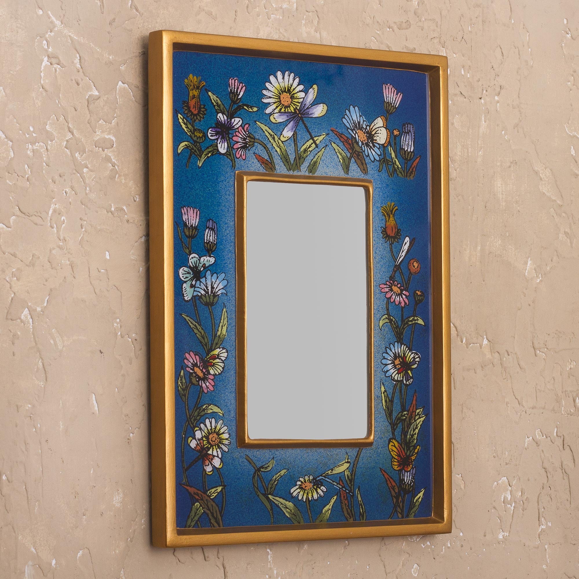 Premium Hand-Painted Floral Wall Mirror - Blue Fields Design