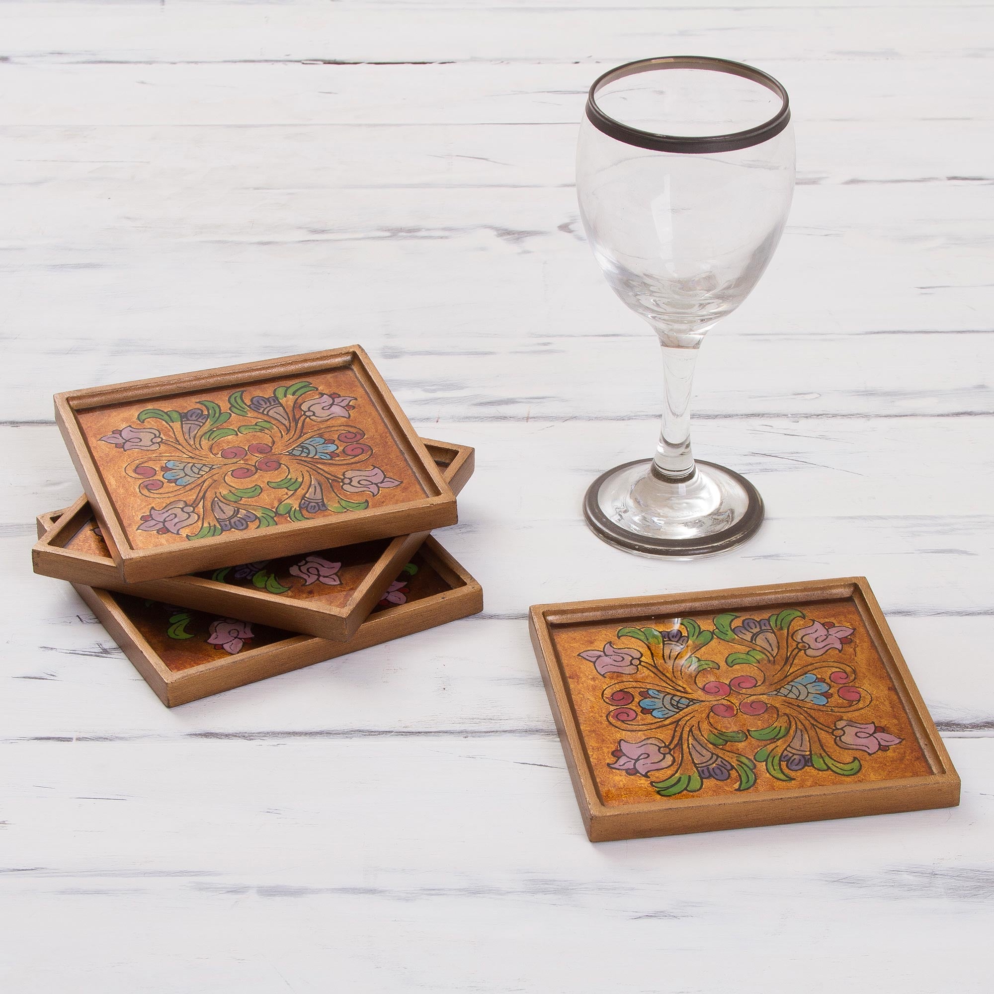 Premium Floral Gold Reverse Painted Glass Coasters - Set of 4 | Handcrafted in Peru