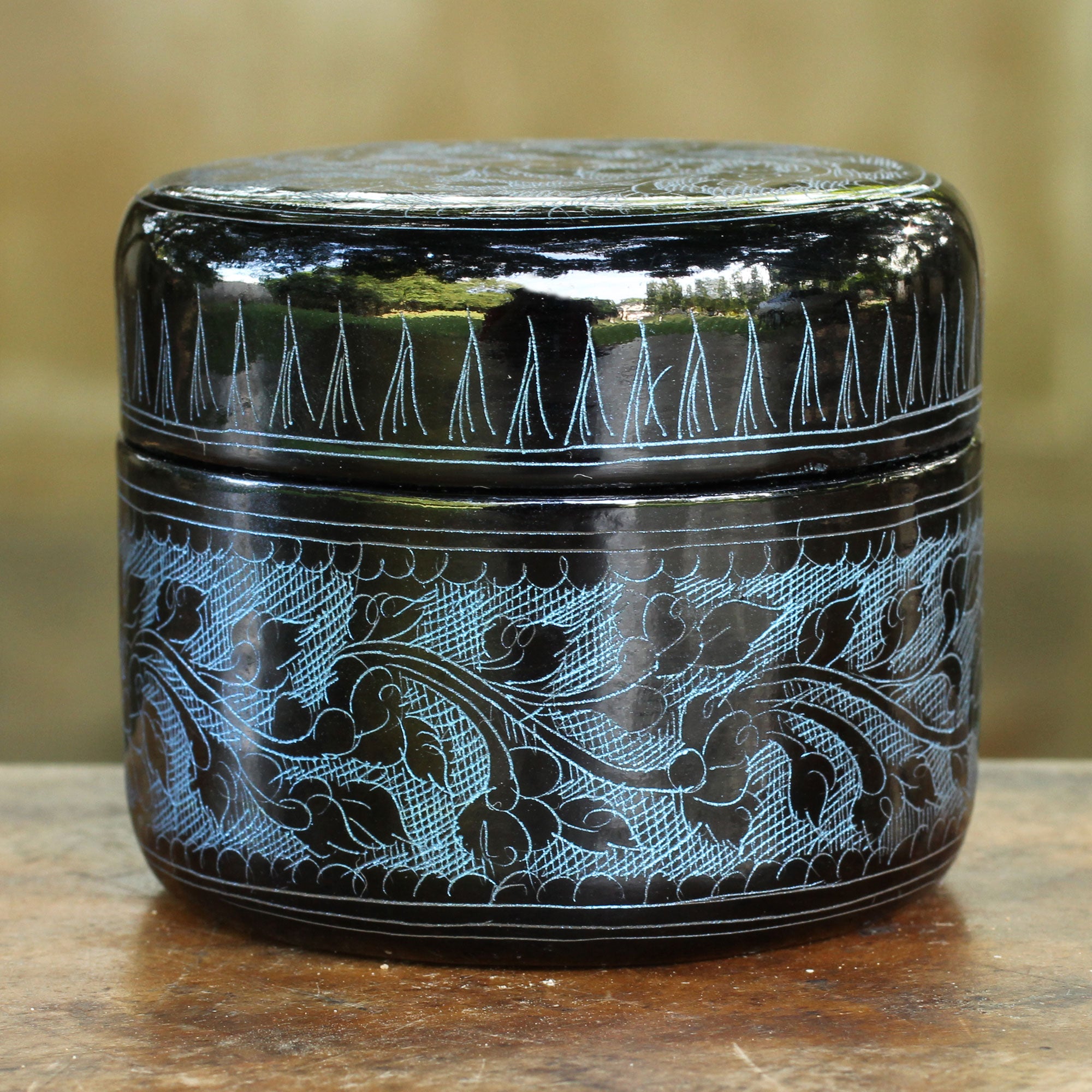 Premium Handcrafted Exotic Blue Flora Round Decorative Box - Lacquered Mango Wood