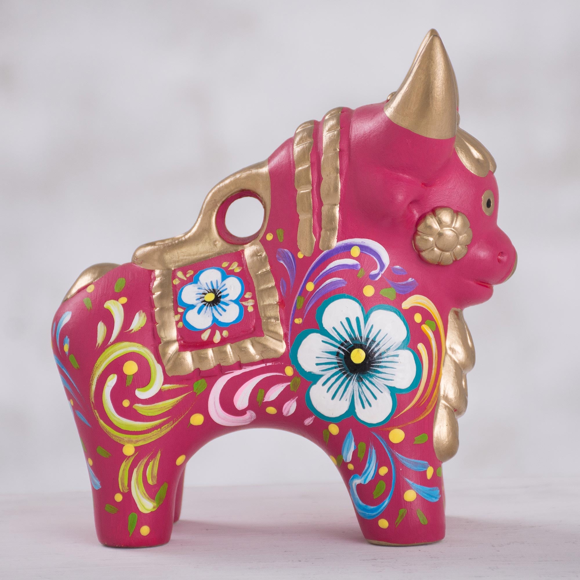 Premium Hand-Painted Ceramic Bull Statue - Fuchsia & Multi-Color Floral Design from Peru