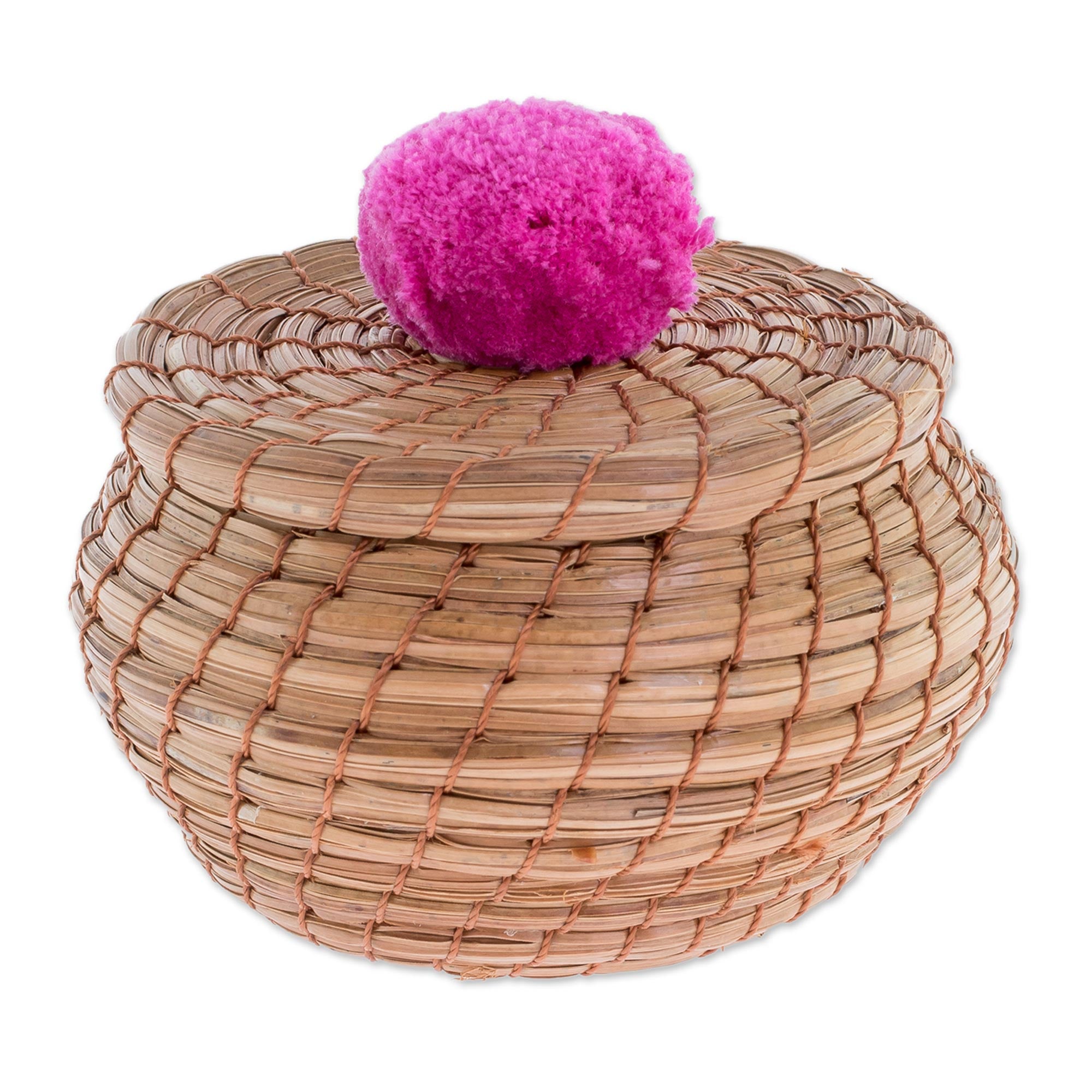 Premium Fuchsia Pine Needle Basket with Cotton Pompom - Handmade by Guatemalan Artisans