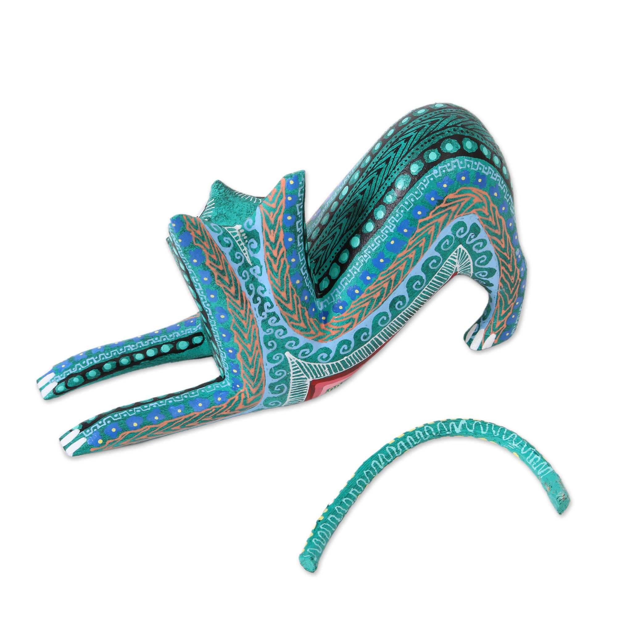 Premium Hand-Carved Green Cat Alebrije - Mexican Folk Art Figurine