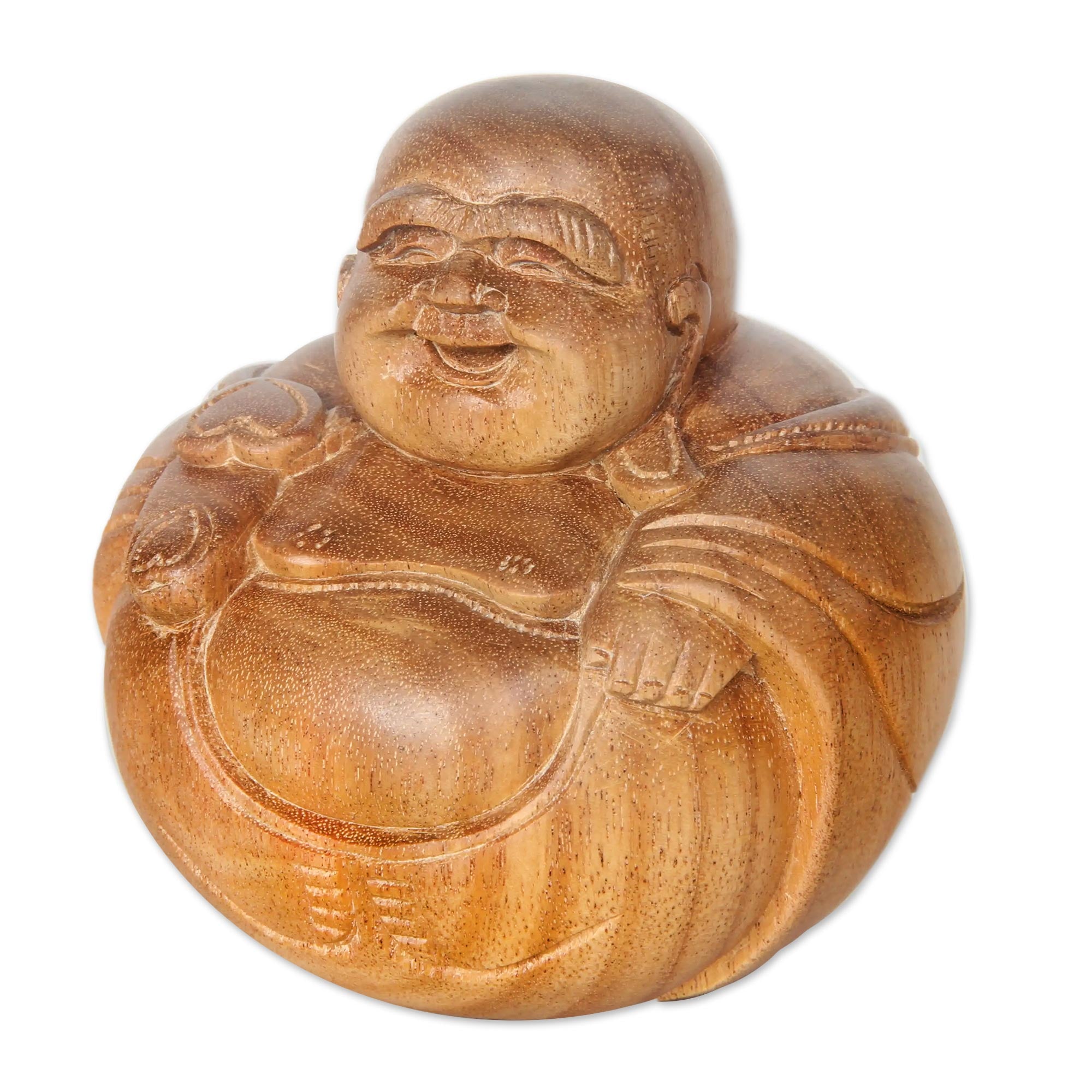 Premium Hand-Carved Laughing Buddha Sculpture in Acacia Wood