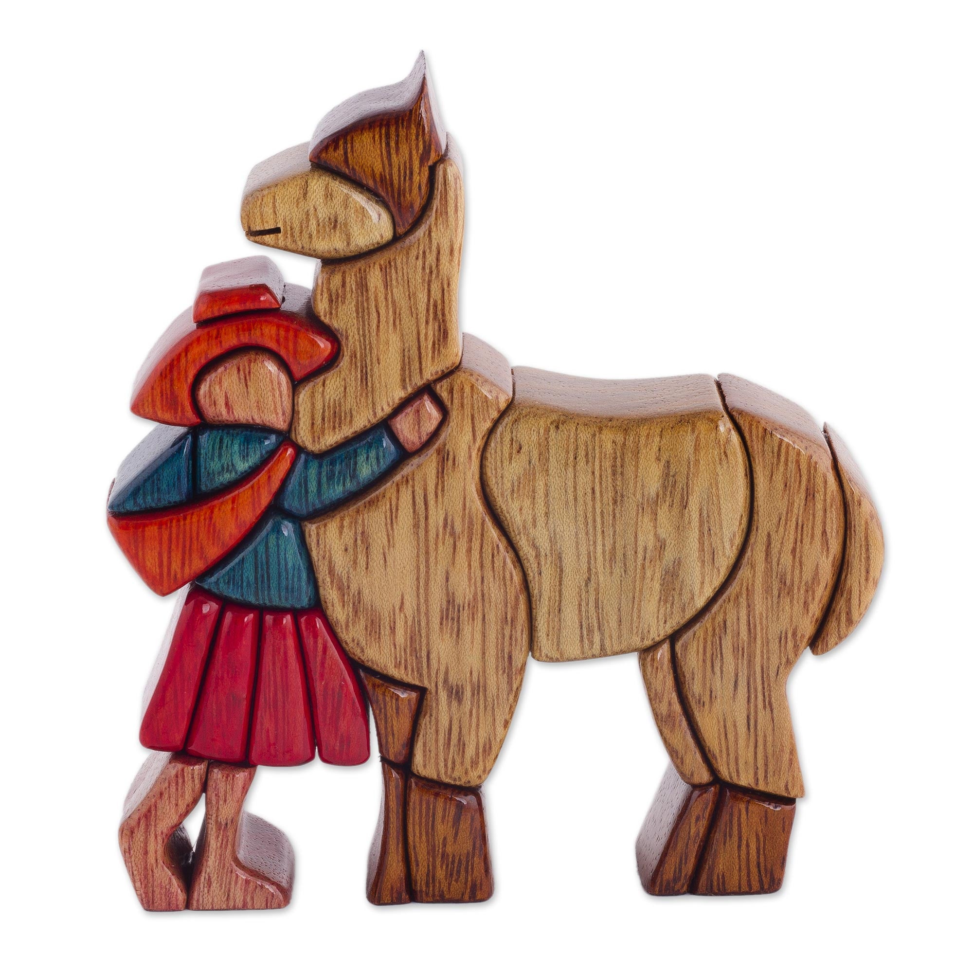 Premium Hand-Carved Llama & Girl Sculpture - Cedar & Mahogany Art Piece